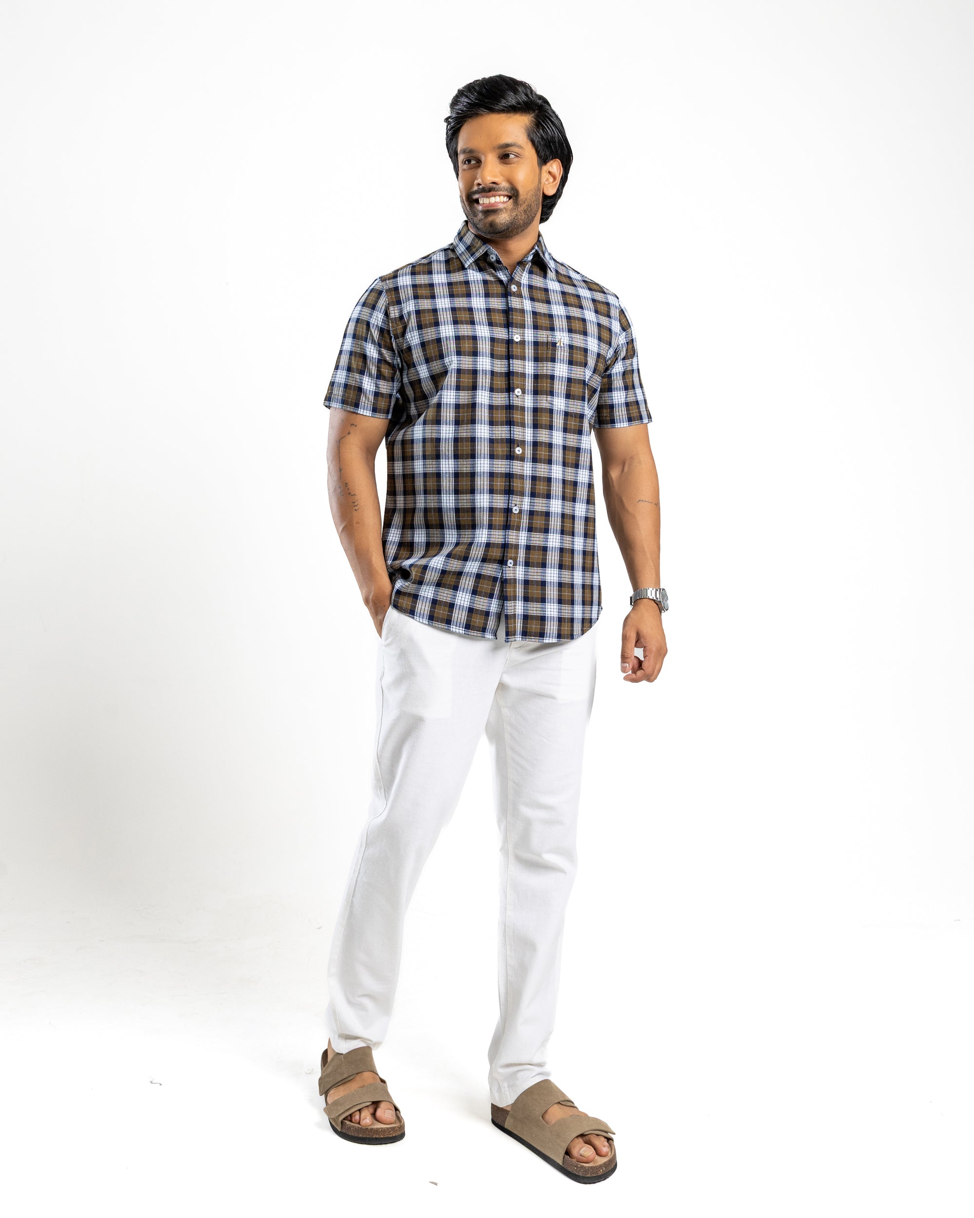 100% COTTON CHECK Short Sleeve Shirt - Olive
