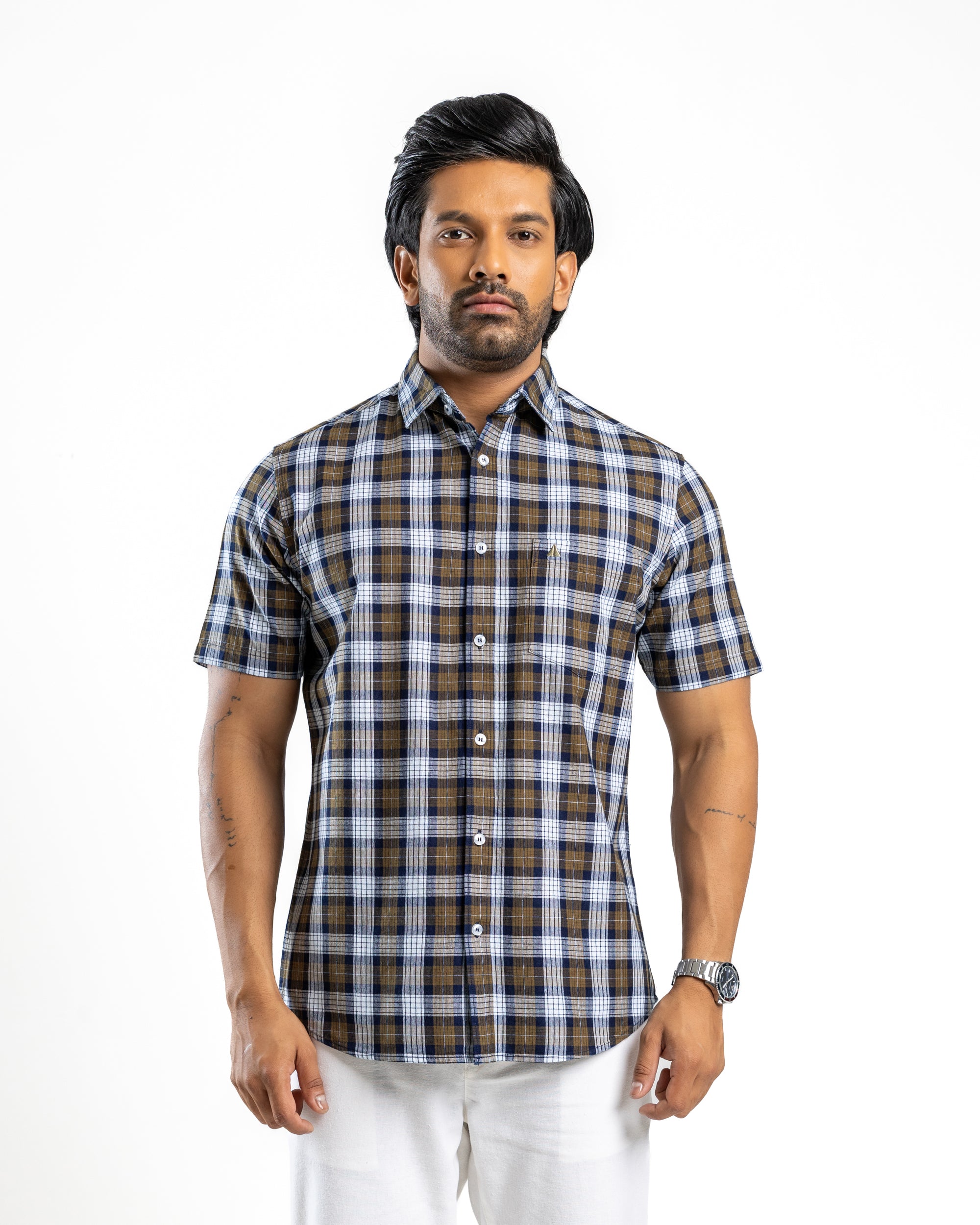 100% COTTON CHECK Short Sleeve Shirt - Olive