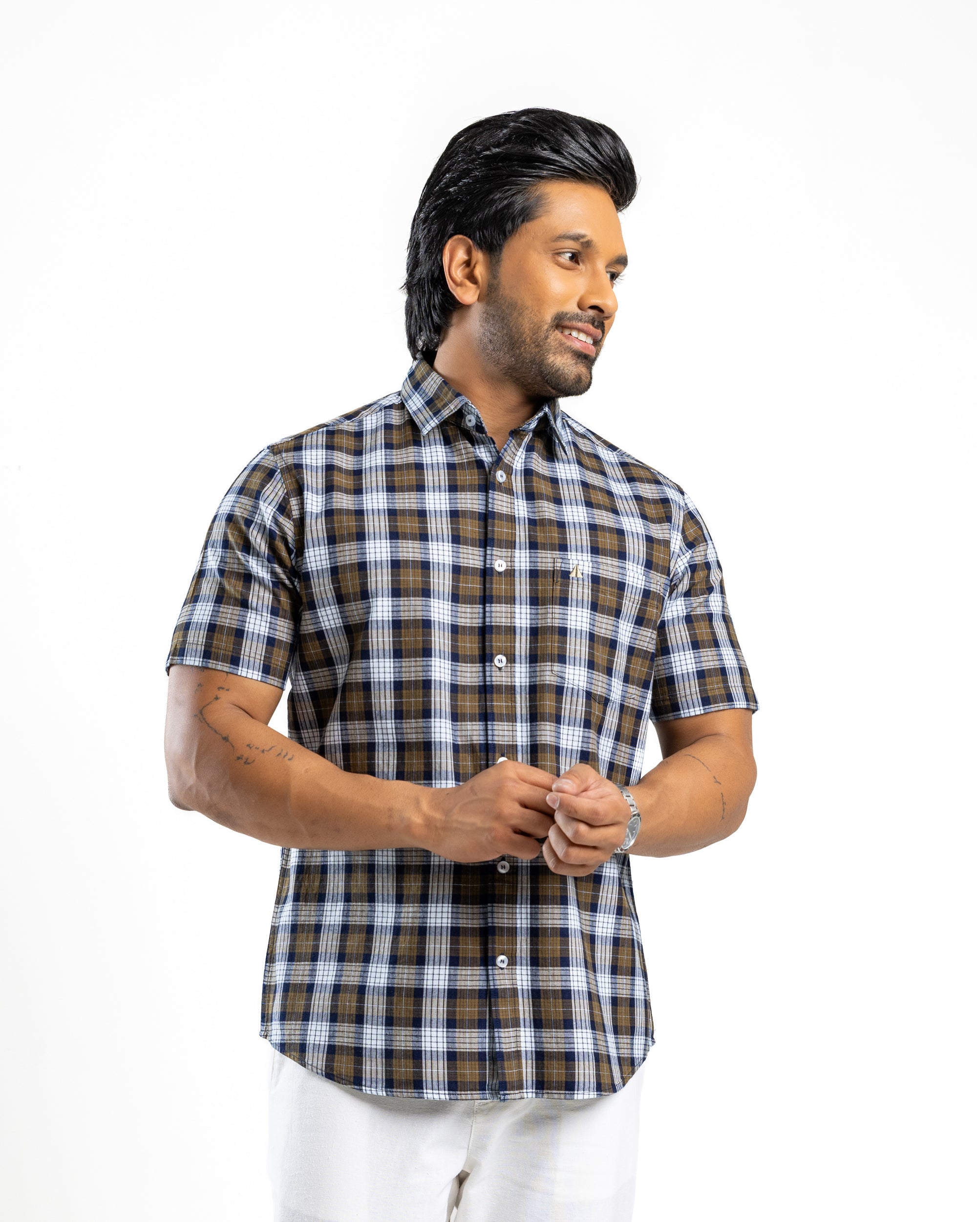 100% COTTON CHECK Short Sleeve Shirt - Olive