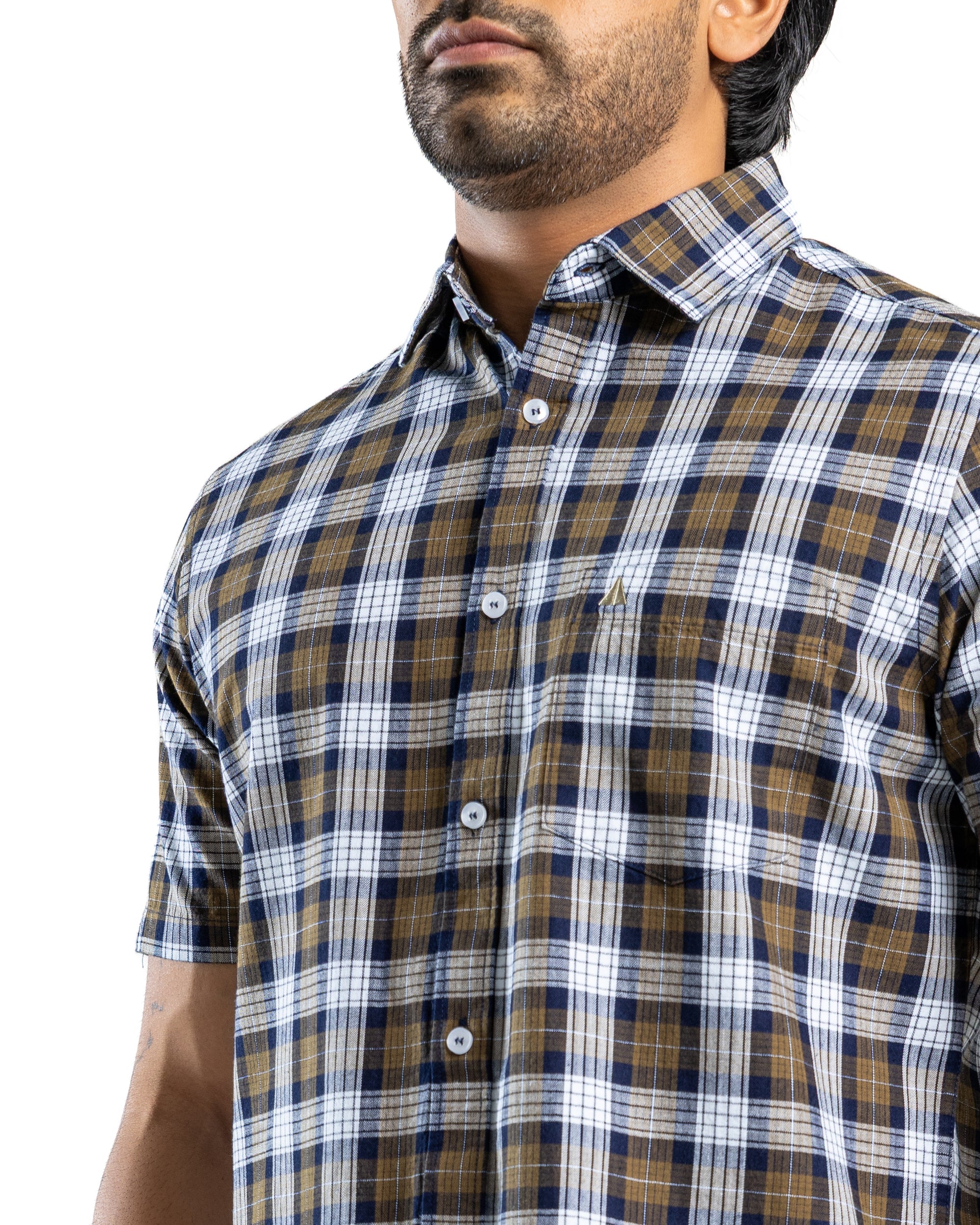 100% COTTON CHECK Short Sleeve Shirt - Olive
