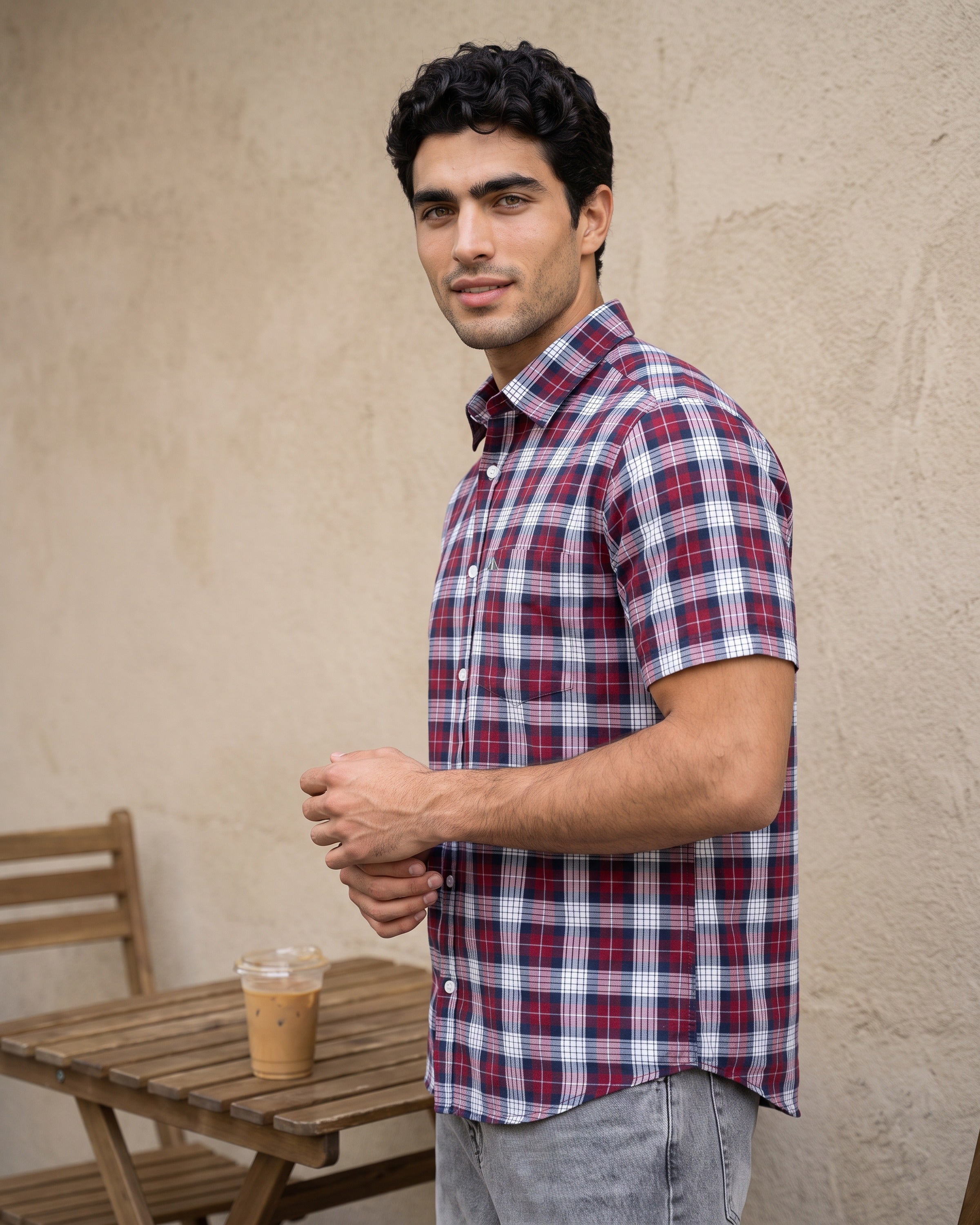 AnationZ Essential Cotton Check Short Sleeve Shirt - Burgundy Reserve Sri Lanka
