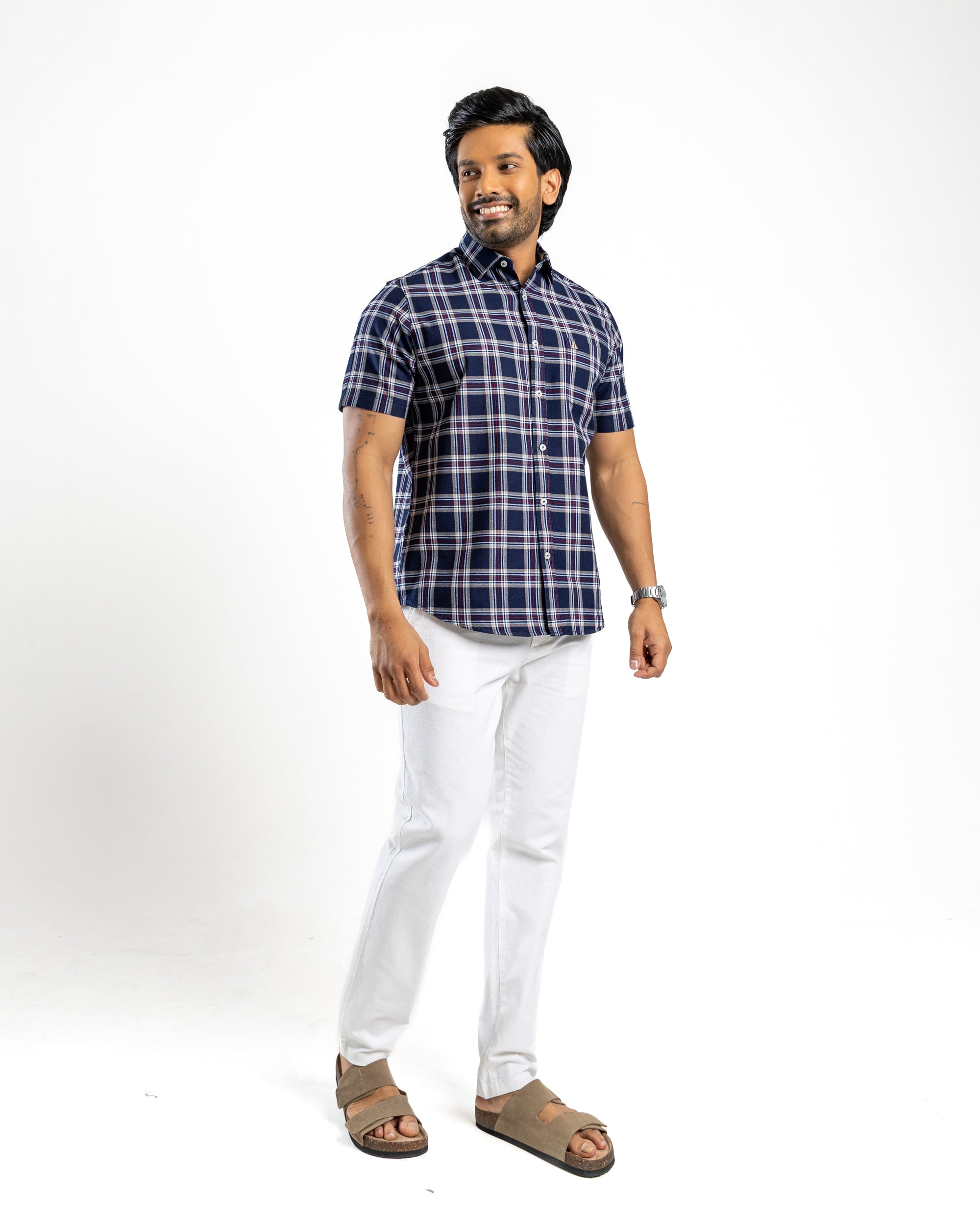 100% COTTON CHECK Short Sleeve Shirt - Royal Crimson