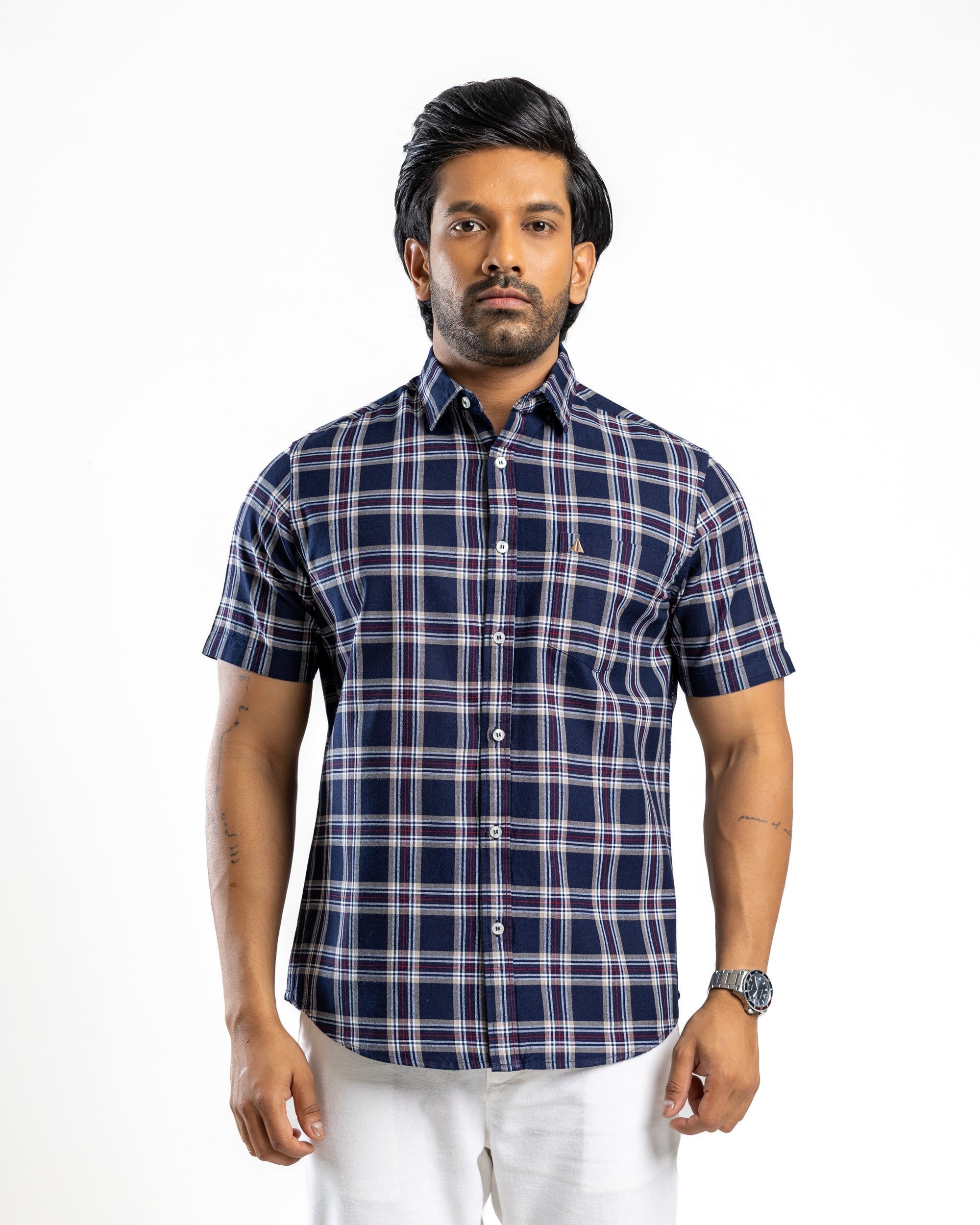 100% COTTON CHECK Short Sleeve Shirt - Royal Crimson
