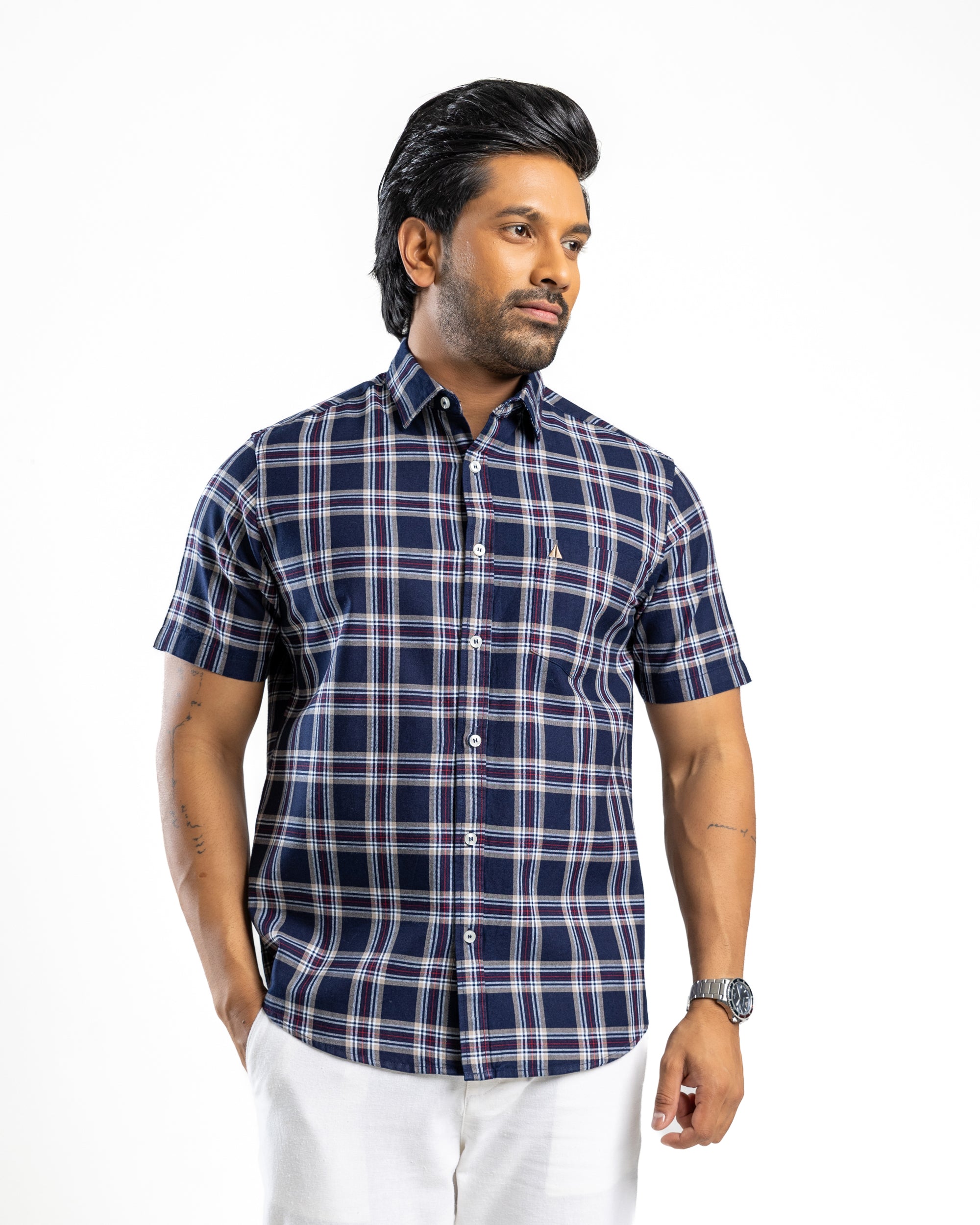 100% COTTON CHECK Short Sleeve Shirt - Royal Crimson