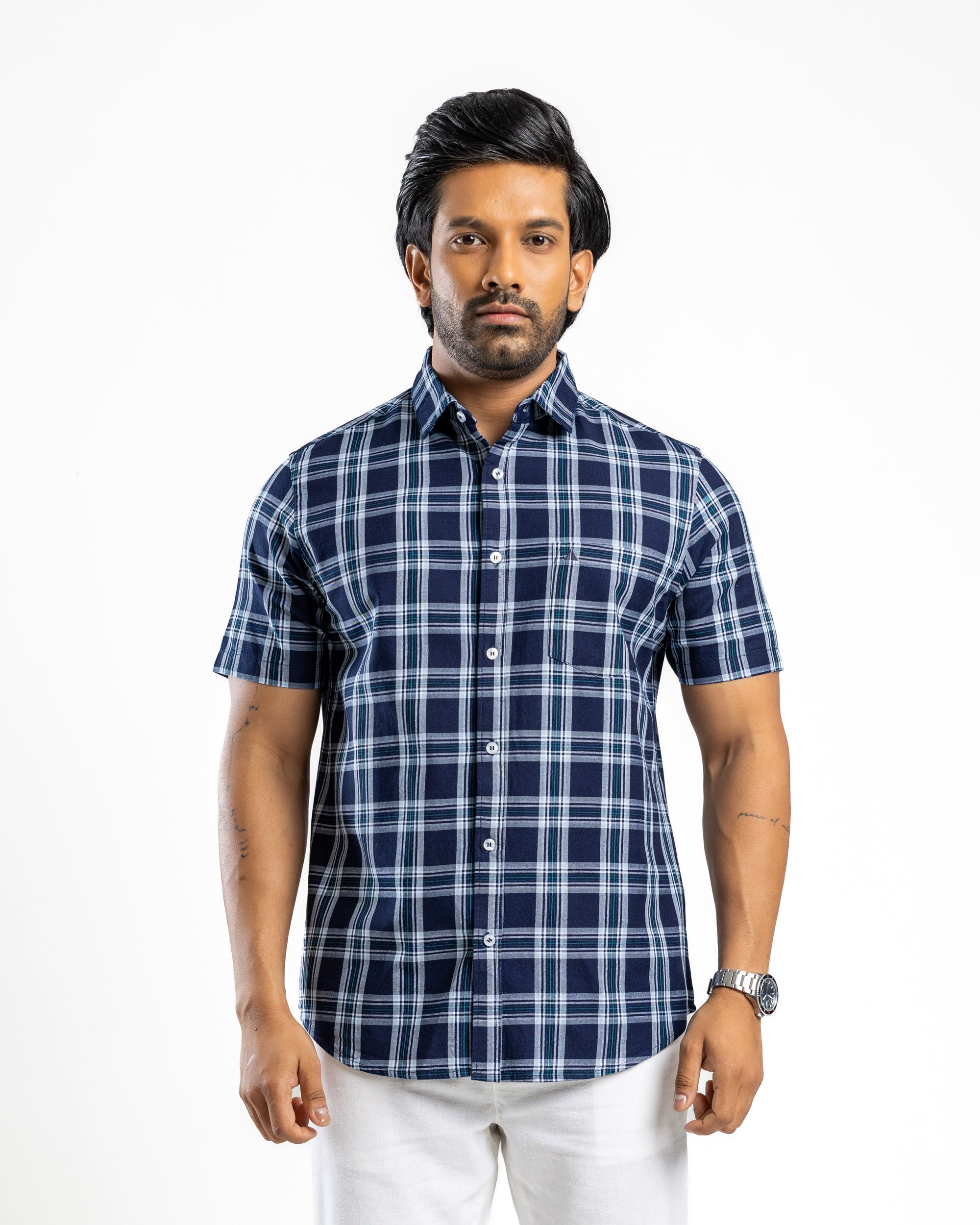 100% COTTON CHECK Short Sleeve Shirt -  Atlantic Blue