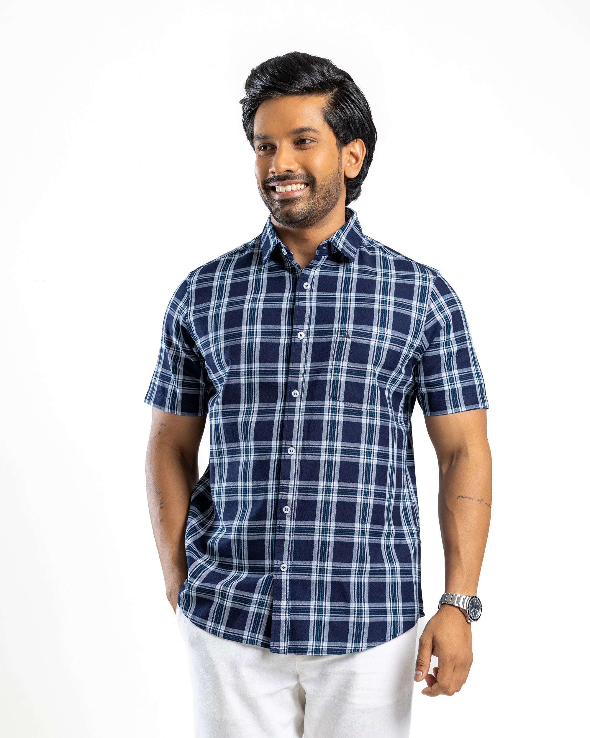 100% COTTON CHECK Short Sleeve Shirt -  Atlantic Blue