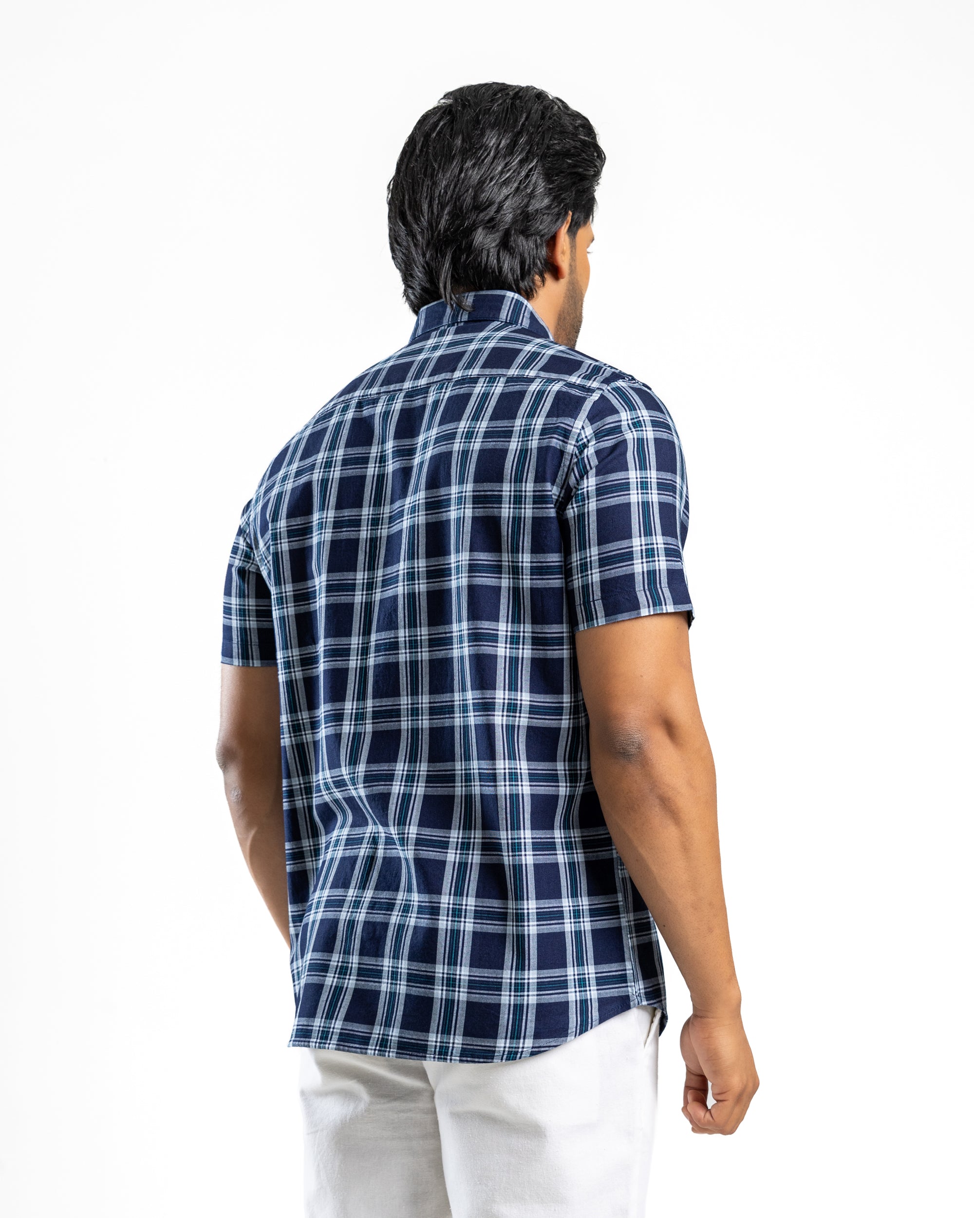 100% COTTON CHECK Short Sleeve Shirt -  Atlantic Blue
