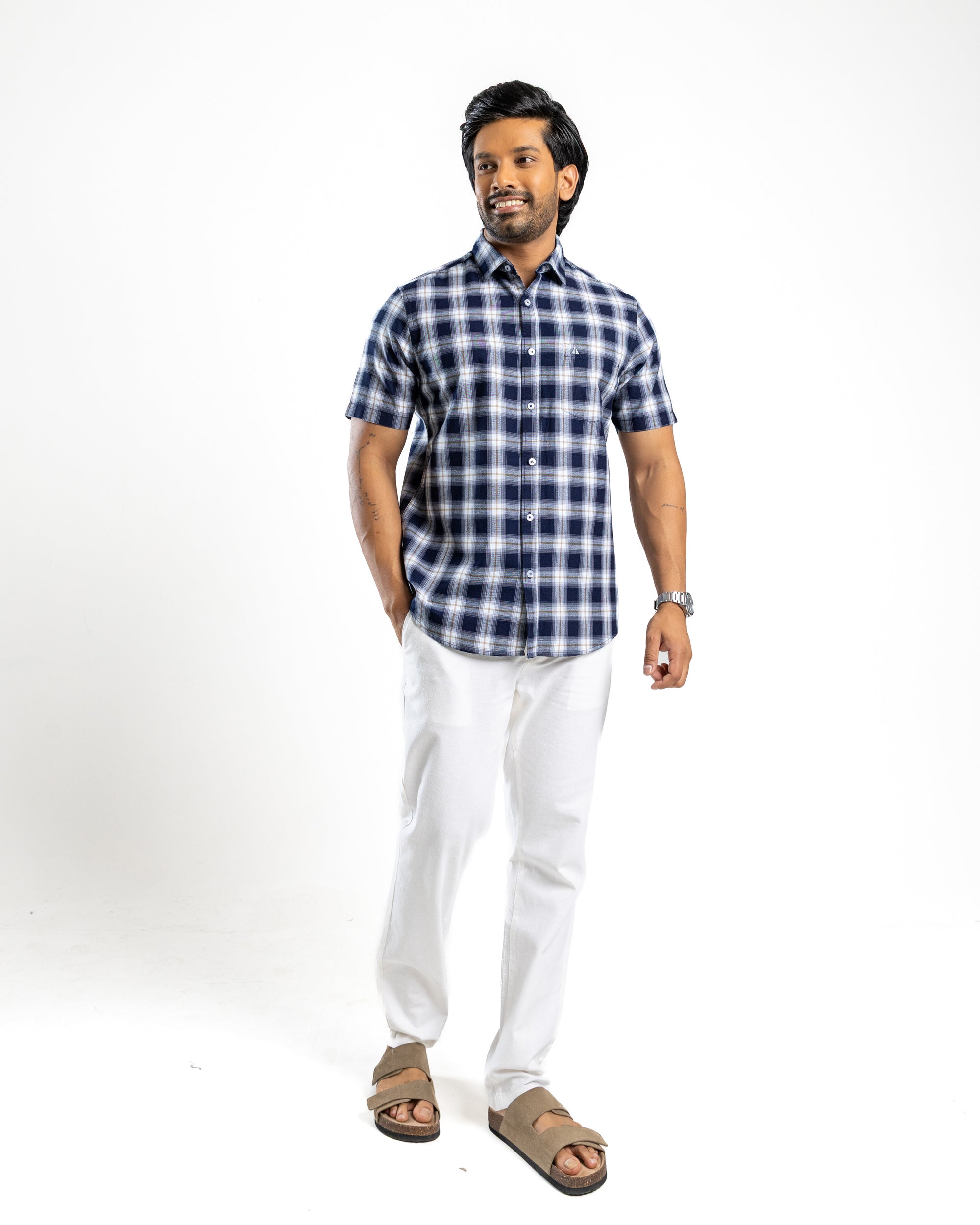 100% COTTON CHECK Short Sleeve Shirt- Khaki