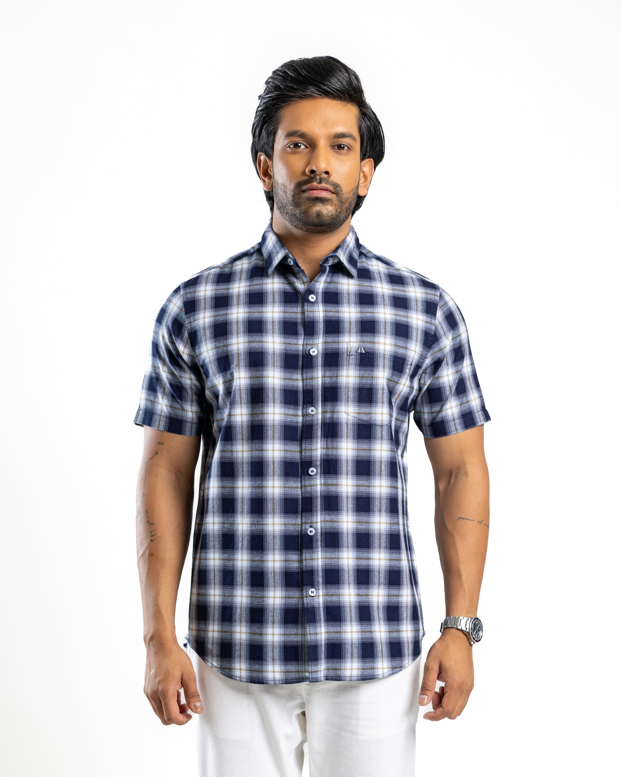 100% COTTON CHECK Short Sleeve Shirt- Khaki