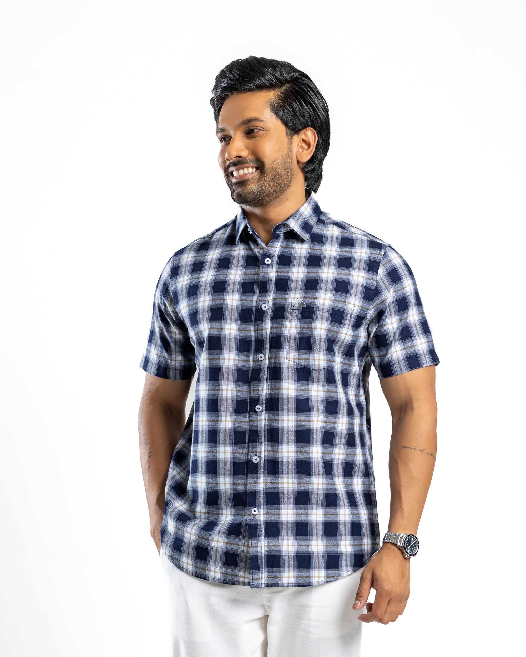100% COTTON CHECK Short Sleeve Shirt- Khaki