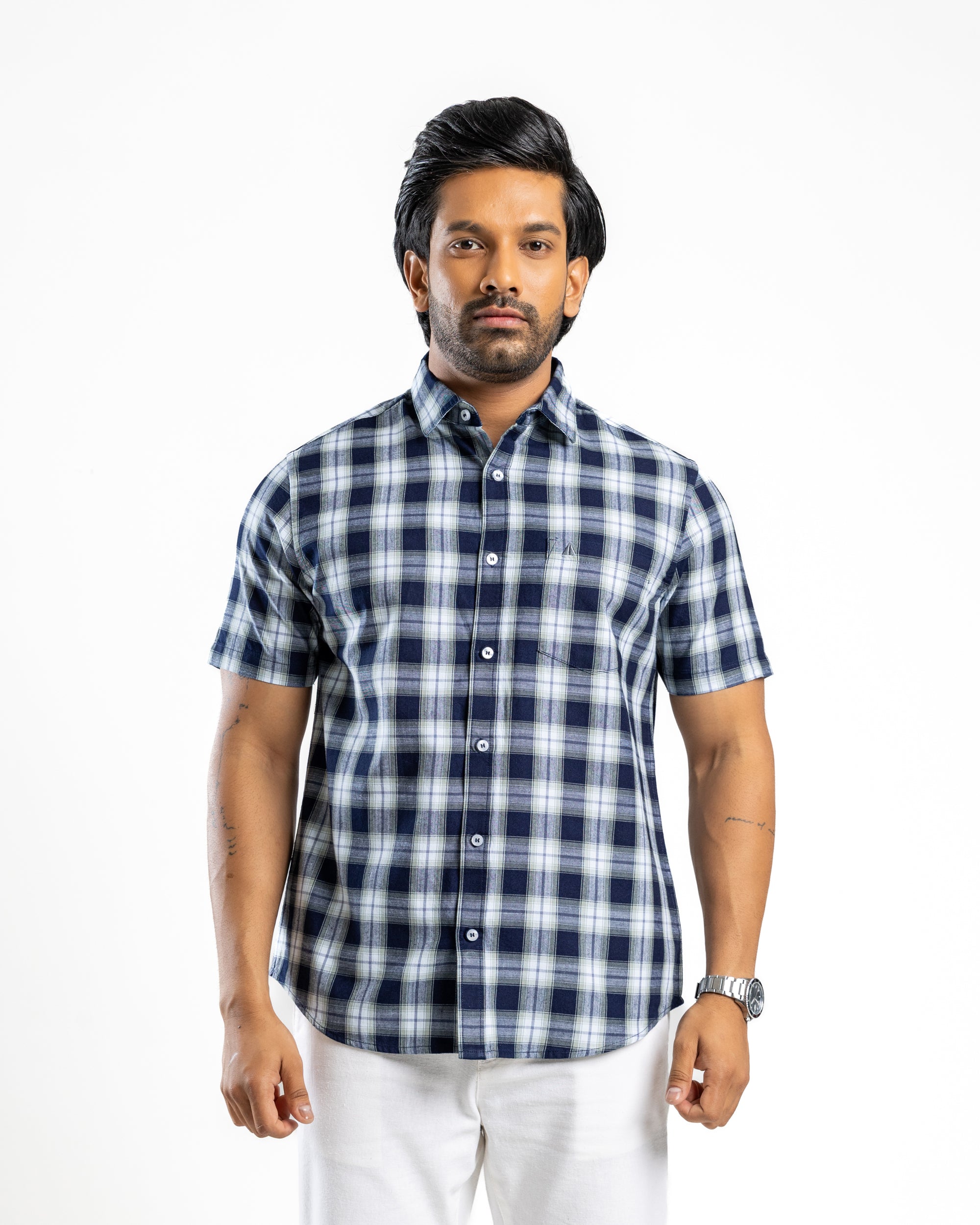 100% COTTON CHECK Short Sleeve Shirt - Light Green