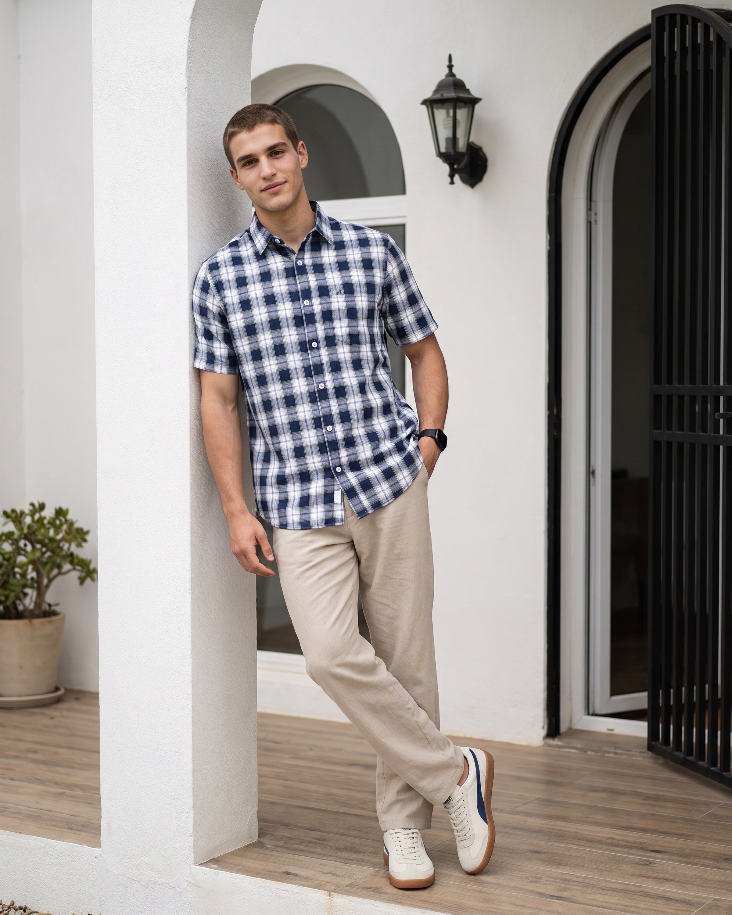 AnationZ Essential Cotton Check Short Sleeve Shirt - Sage Breeze Sri Lanka