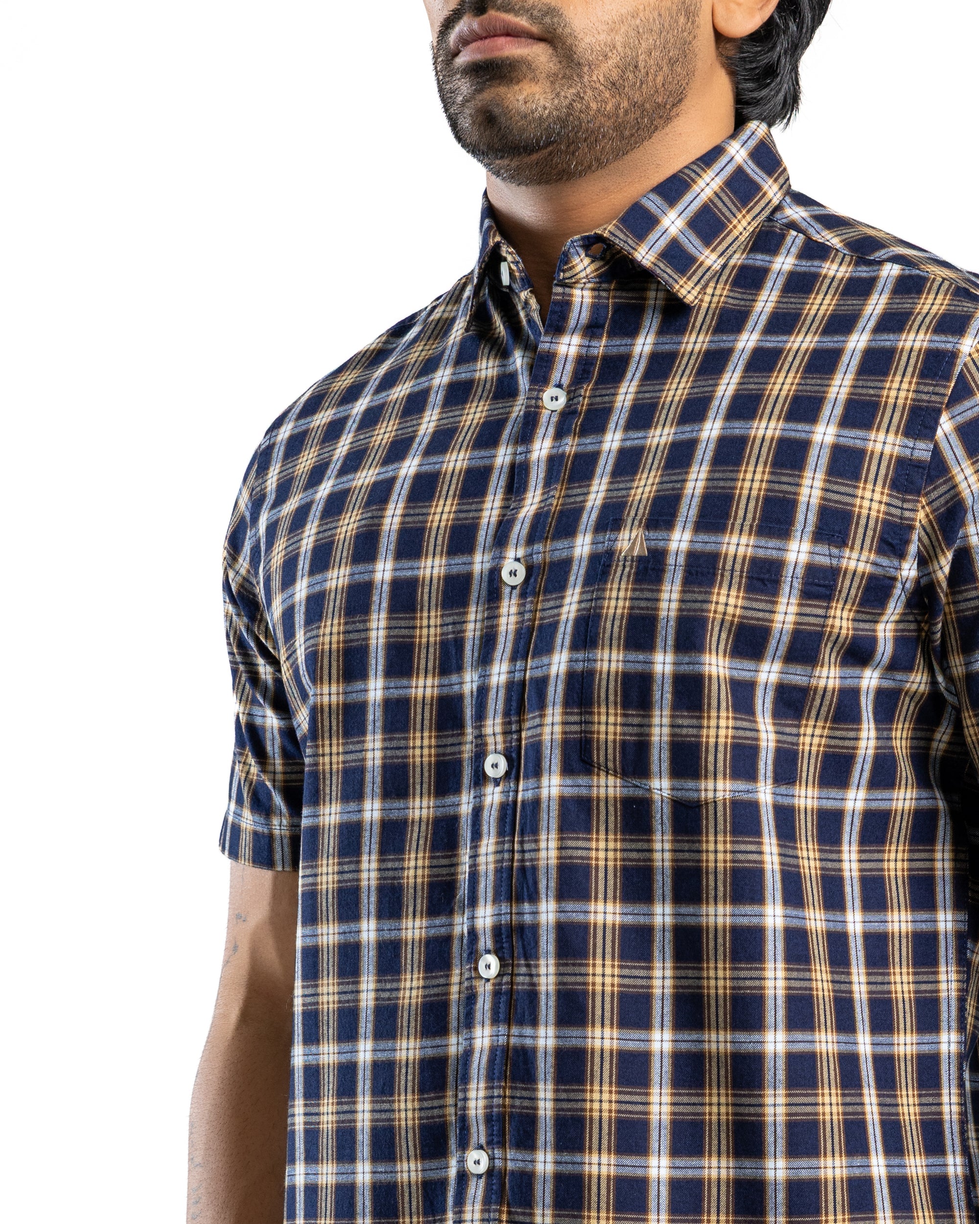 100% COTTON CHECK Short Sleeve Shirt - Light Brown