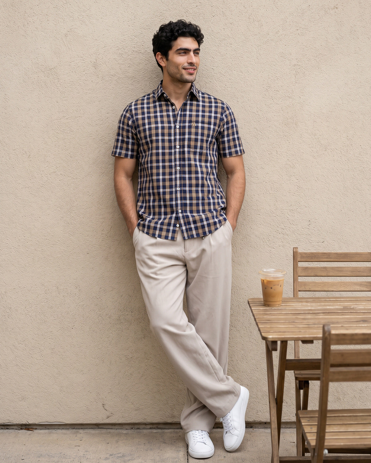 AnationZ Essential Cotton Check Short Sleeve Shirt - Natural Tan Sri Lanka