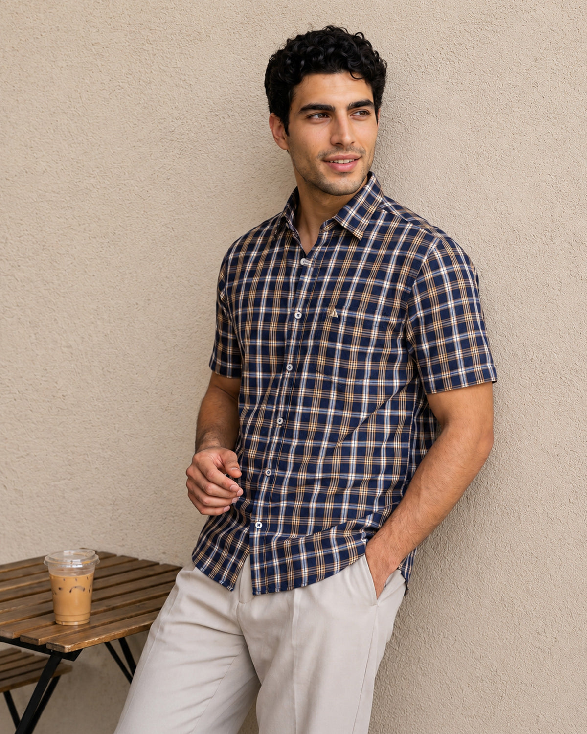 AnationZ Essential Cotton Check Short Sleeve Shirt - Natural Tan Sri Lanka