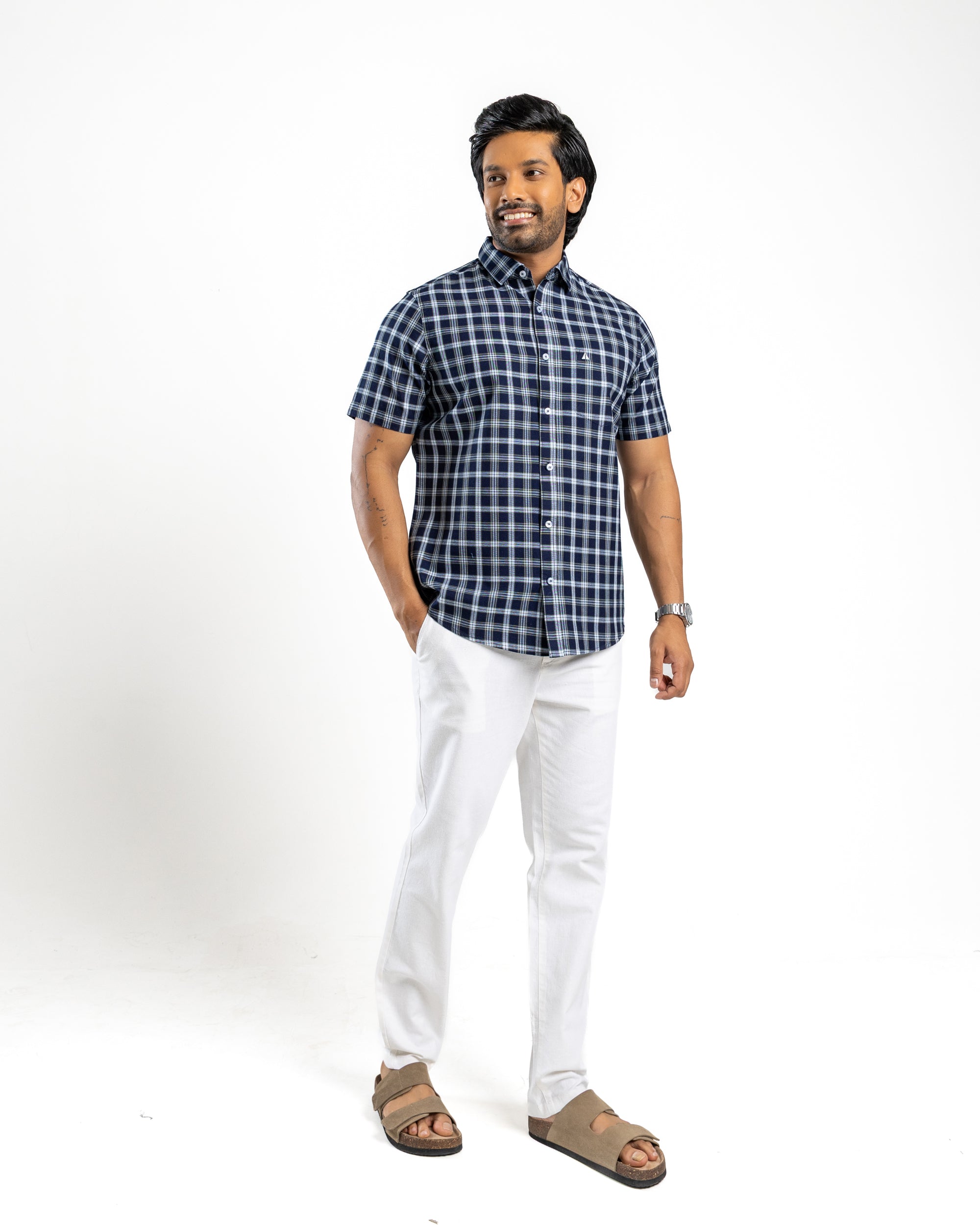 100% COTTON CHECK Short Sleeve Shirt - Dark Green
