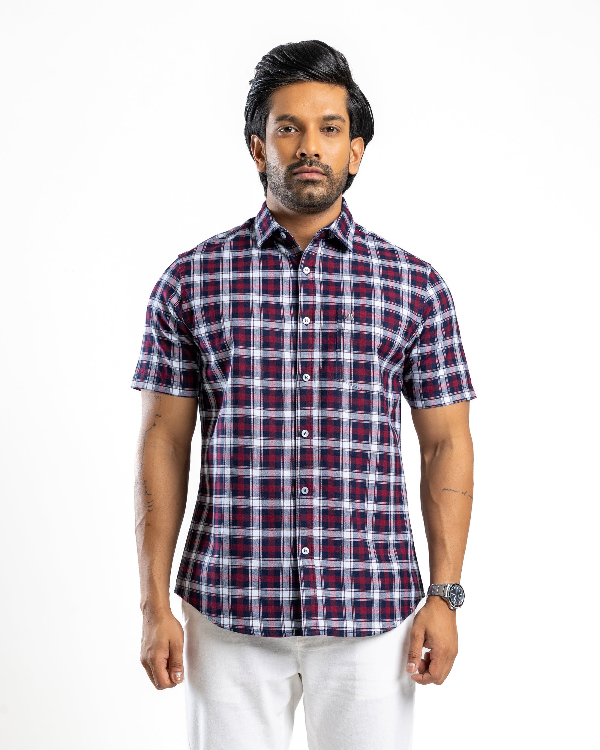 100% COTTON CHECK Short Sleeve Shirt- Dark Red