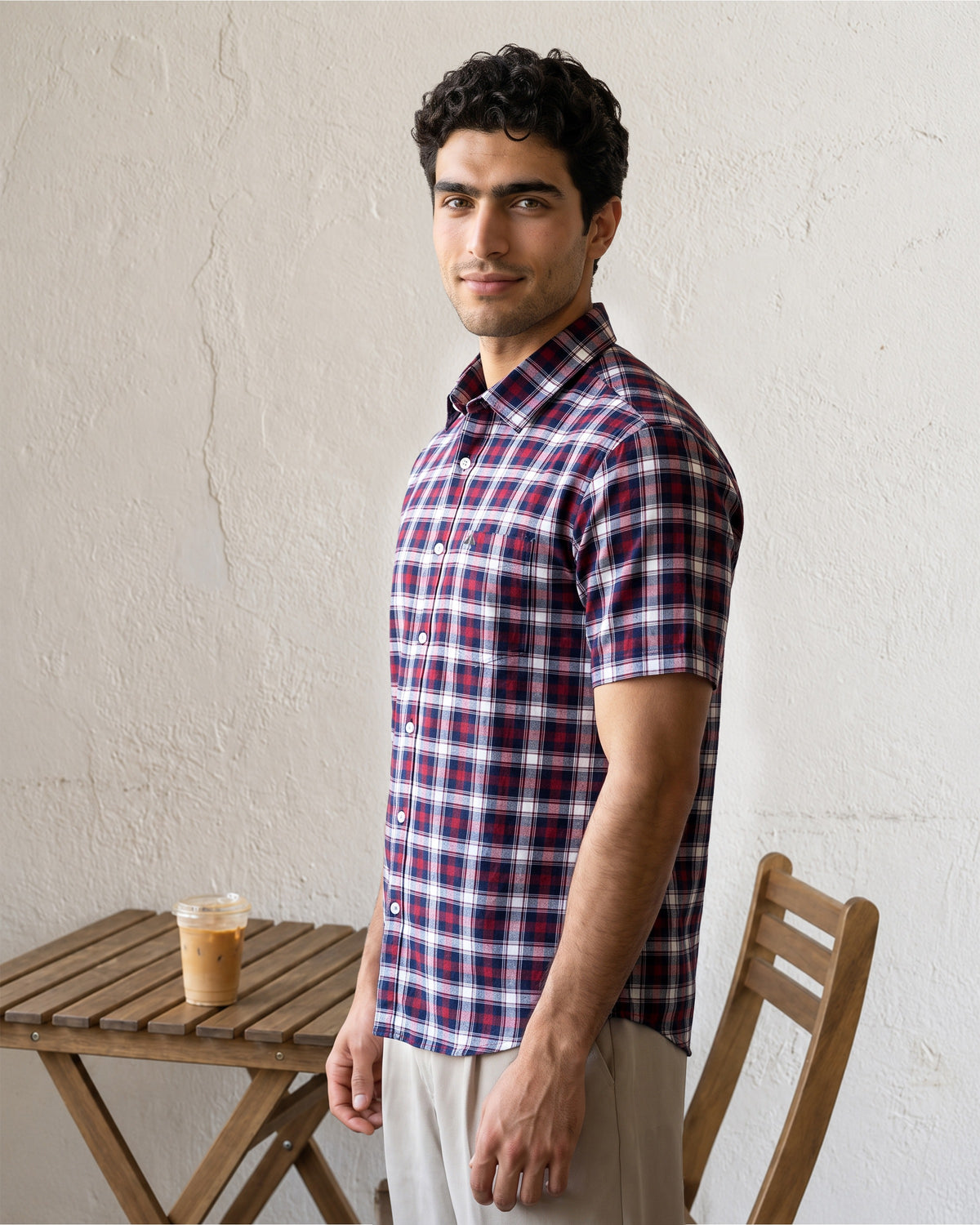 AnationZ Essential Cotton Check Short Sleeve Shirt - Burgundy Reserve Sri Lanka