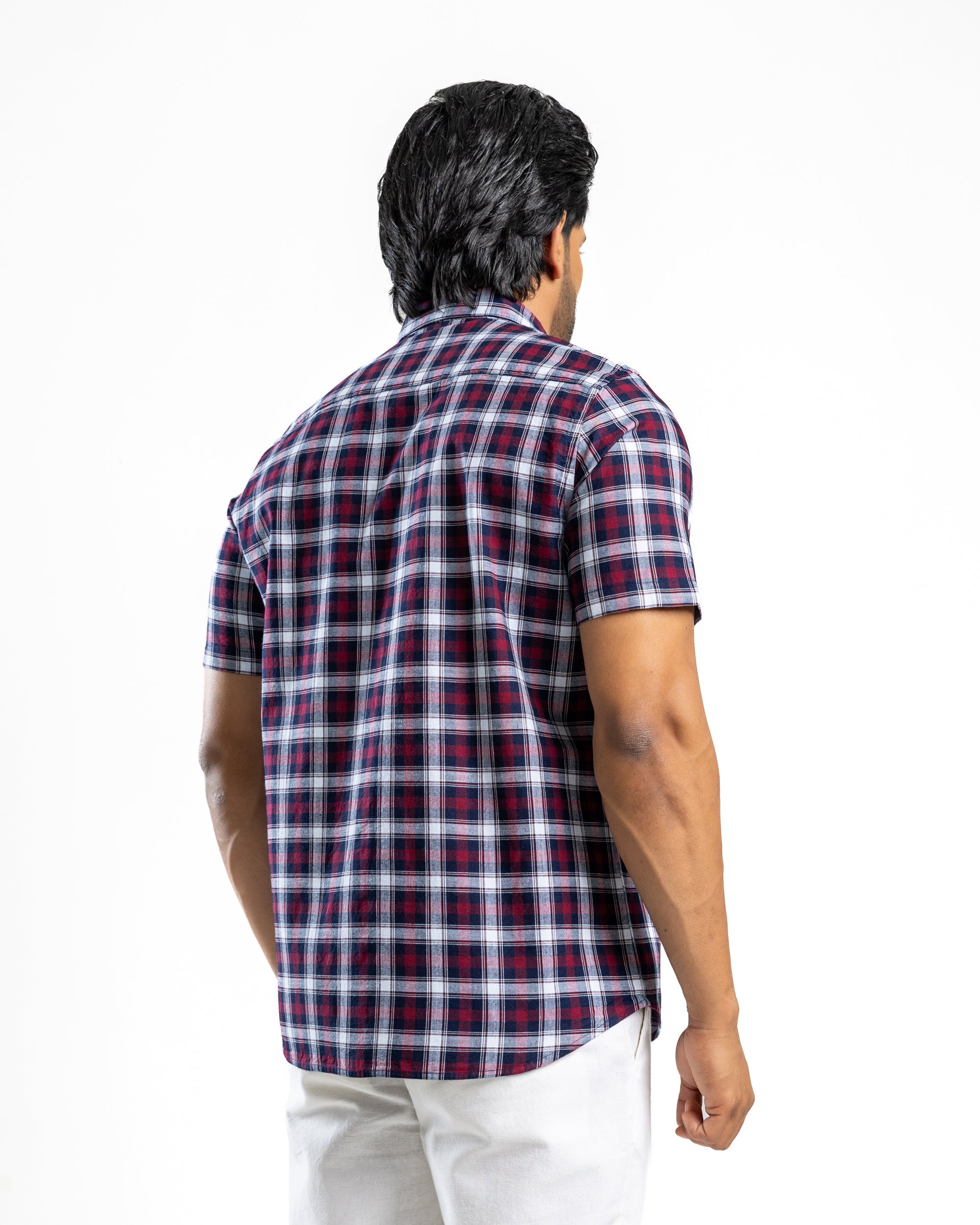 100% COTTON CHECK Short Sleeve Shirt- Dark Red