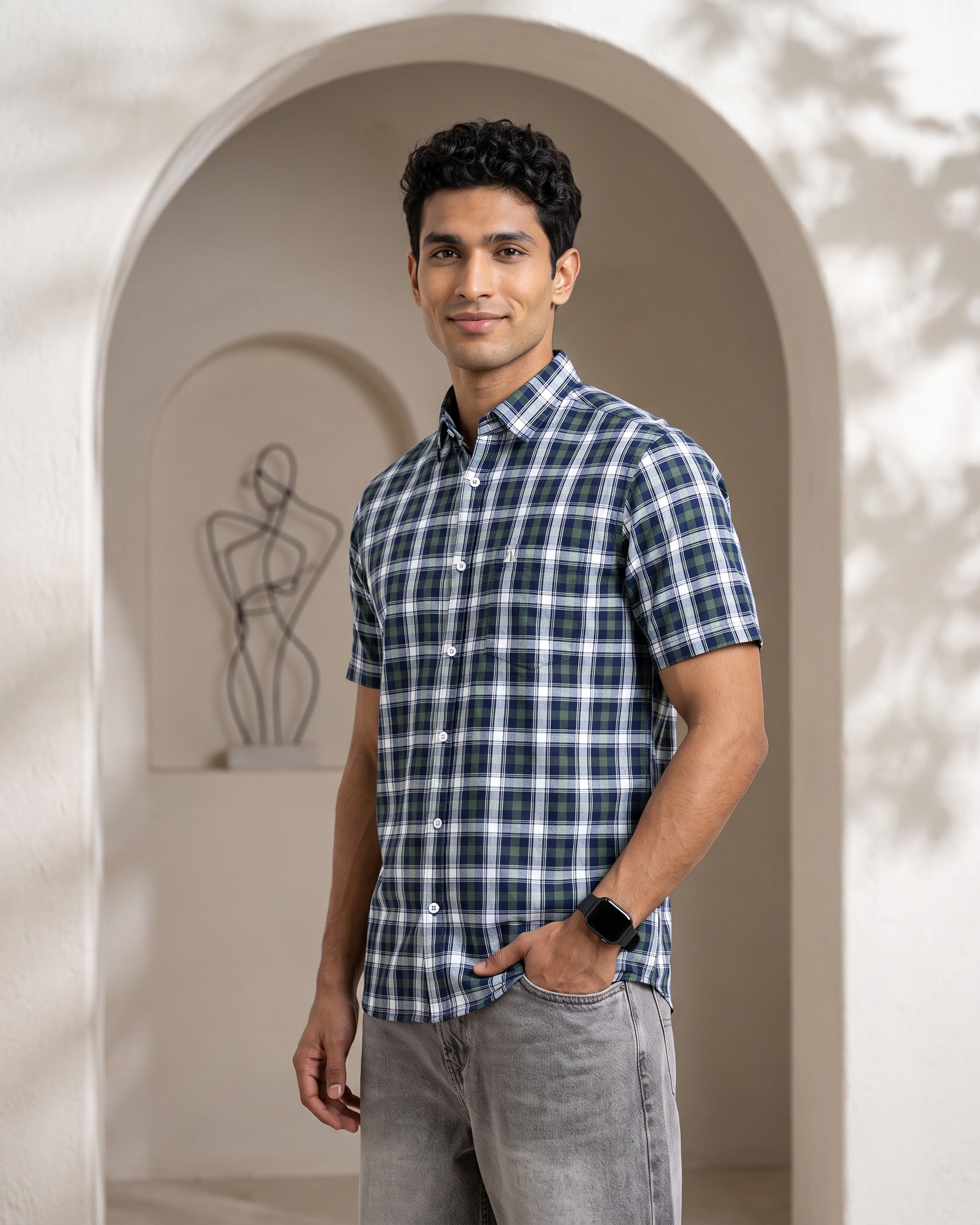 AnationZ Essential Cotton Check Short Sleeve Shirt - Deep Canopy Sri Lanka