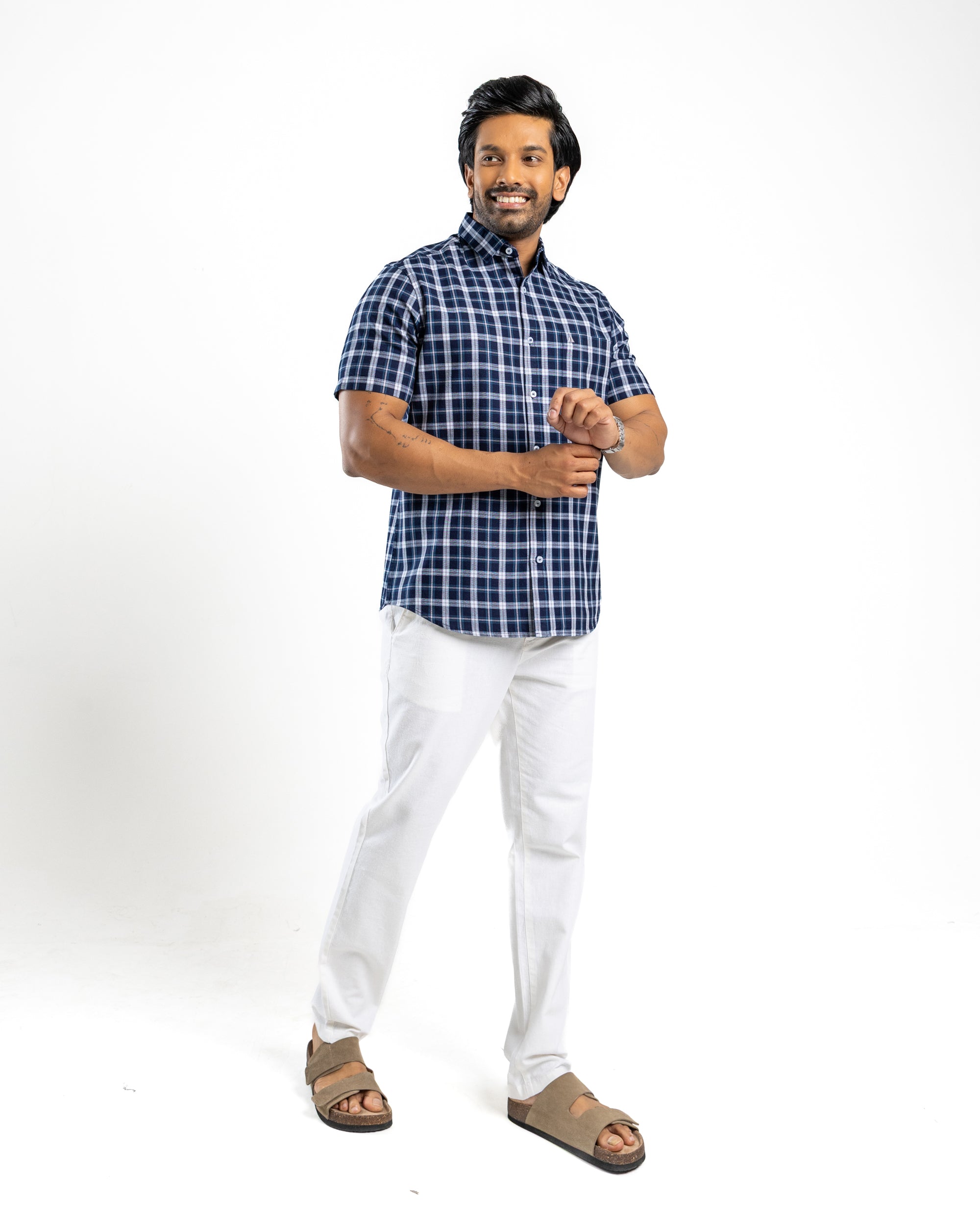 100% COTTON CHECK Short Sleeve Shirt - Deep Ocean Navy