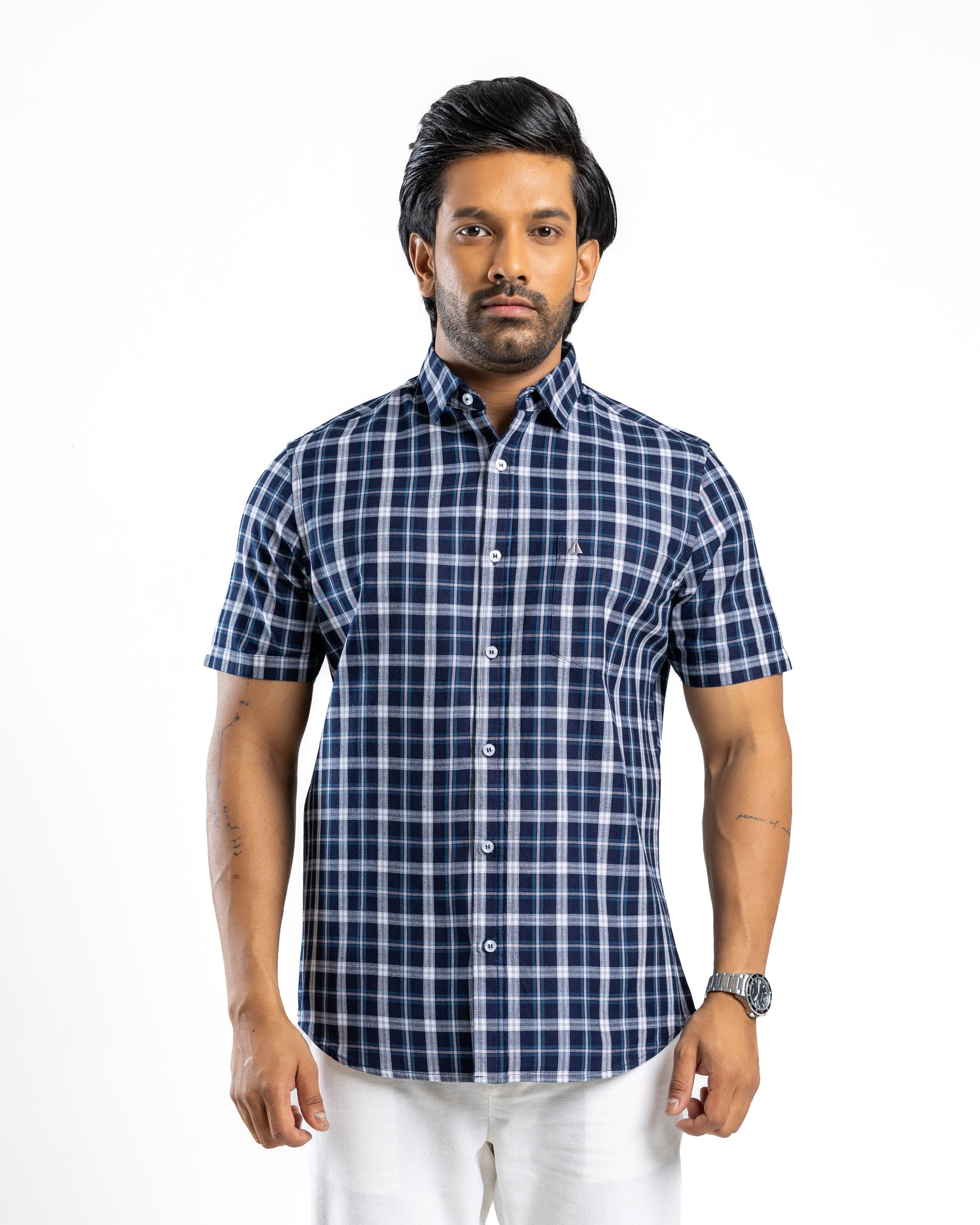 100% COTTON CHECK Short Sleeve Shirt - Deep Ocean Navy