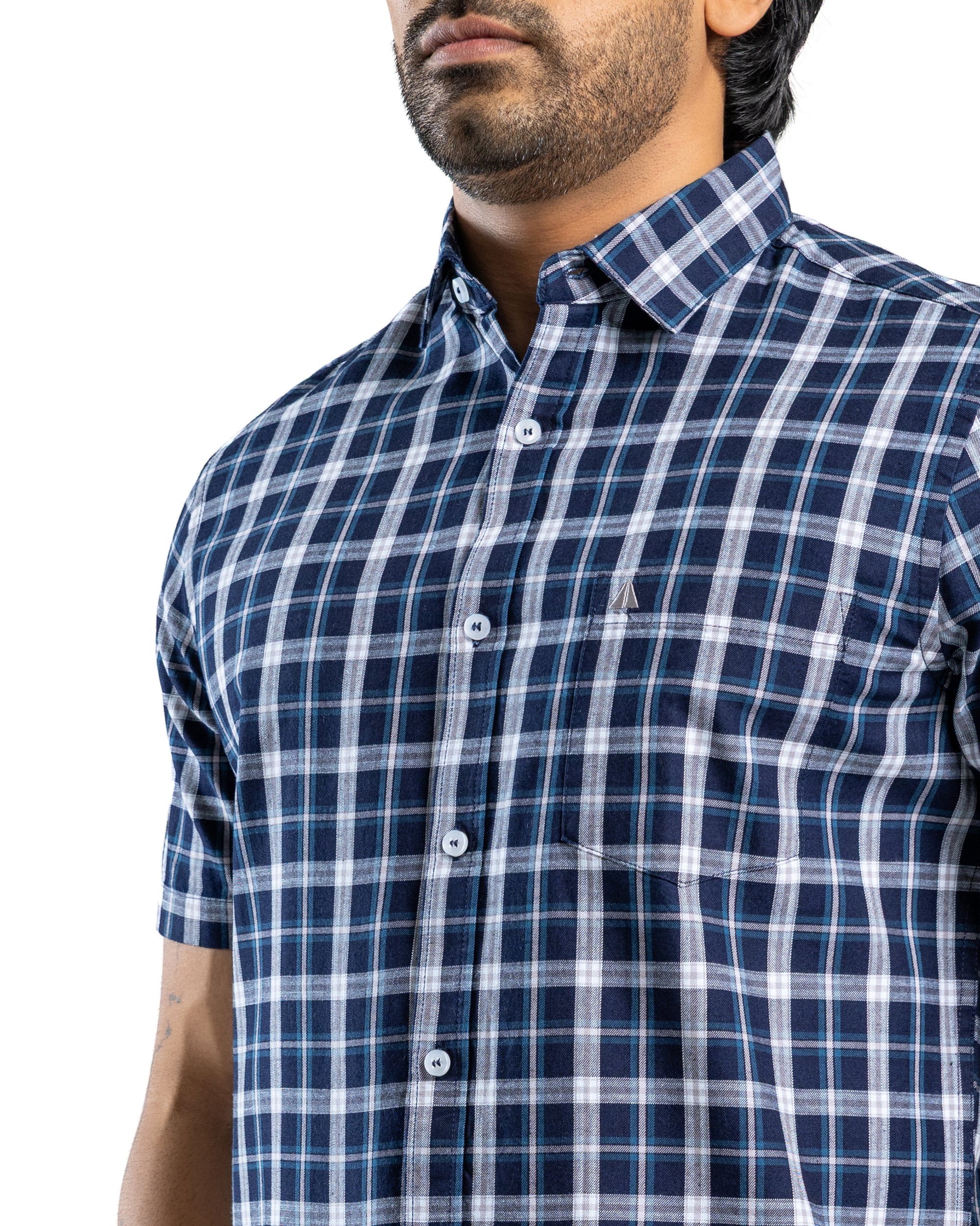 100% COTTON CHECK Short Sleeve Shirt - Deep Ocean Navy