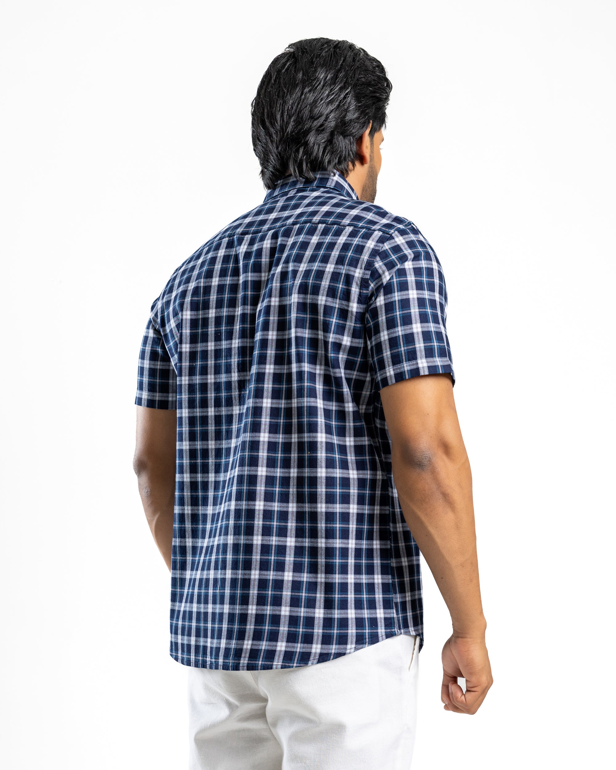 100% COTTON CHECK Short Sleeve Shirt - Deep Ocean Navy