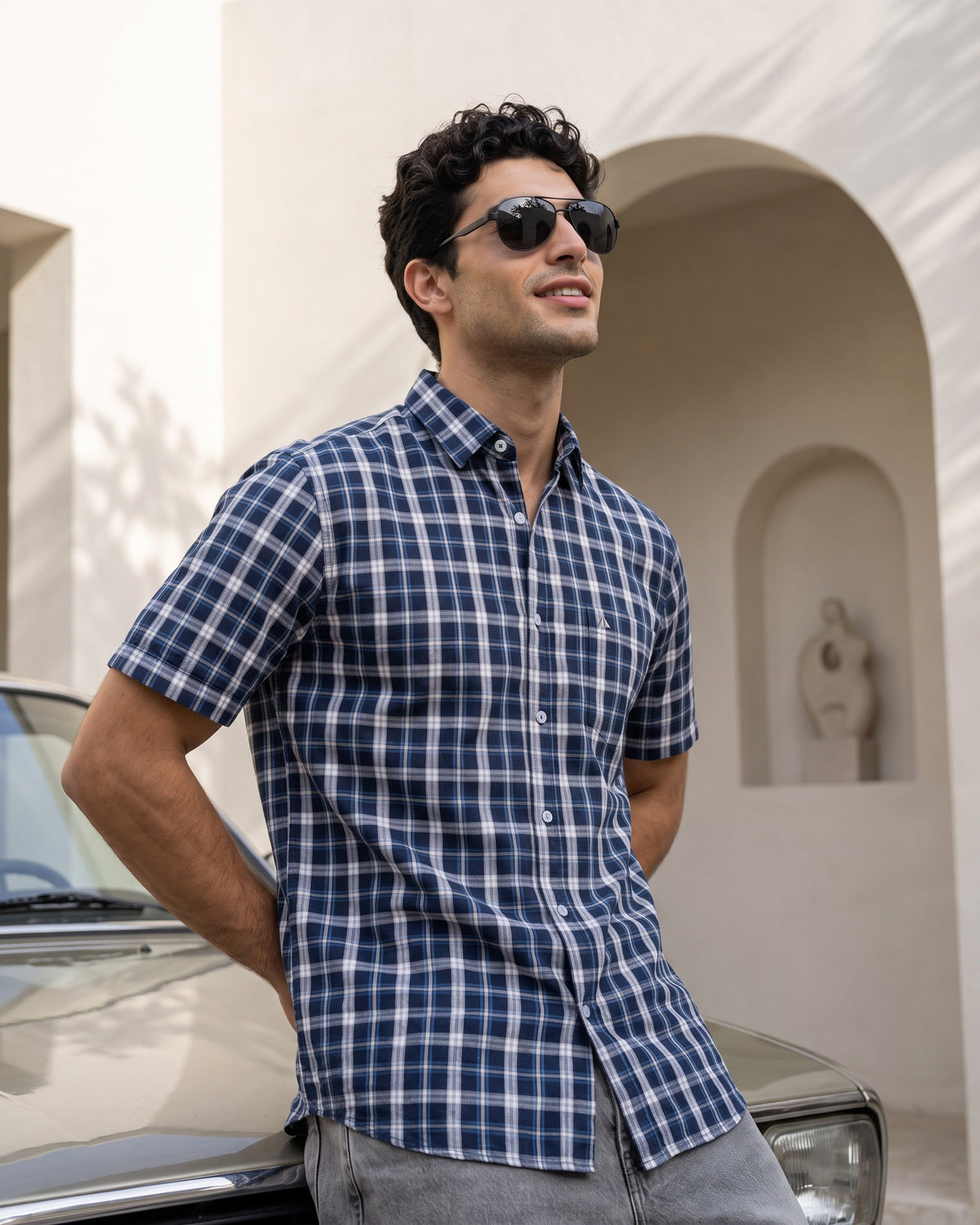 AnationZ Essential Cotton Check Short Sleeve Shirt - Midnight Ink Sri Lanka