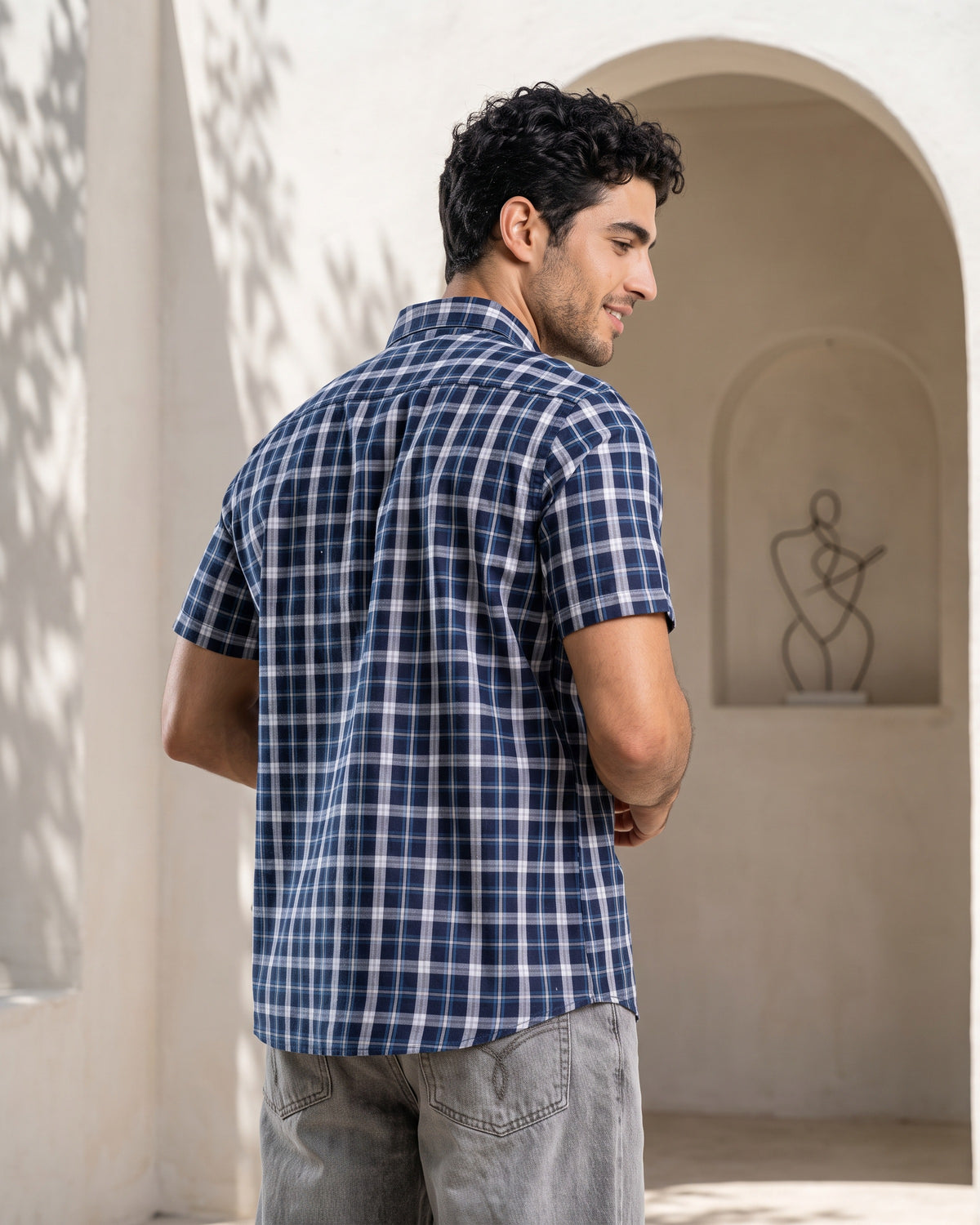 AnationZ Essential Cotton Check Short Sleeve Shirt - Midnight Ink Sri Lanka