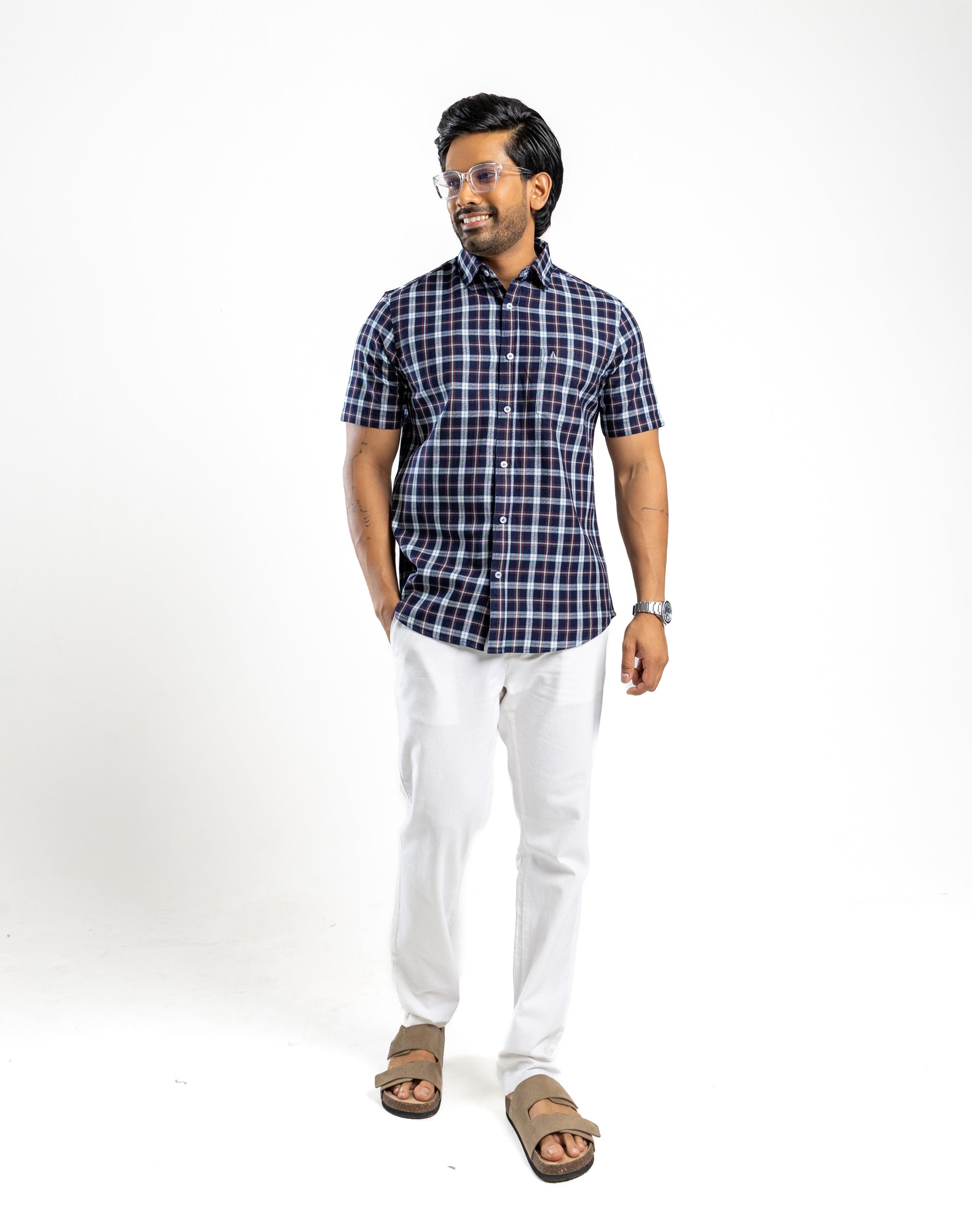 100% COTTON CHECK Short Sleeve Shirt -  Moss Green