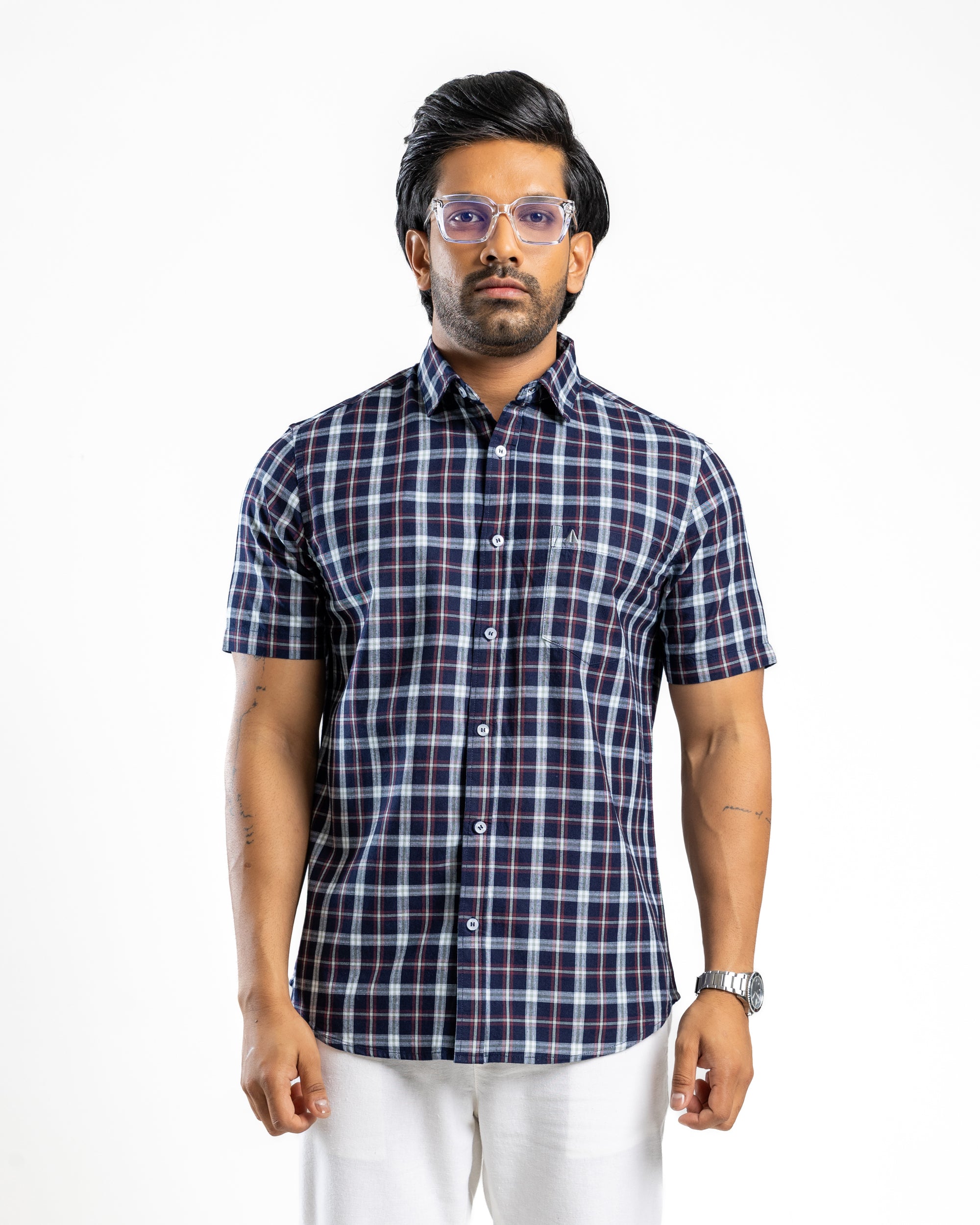 100% COTTON CHECK Short Sleeve Shirt -  Moss Green