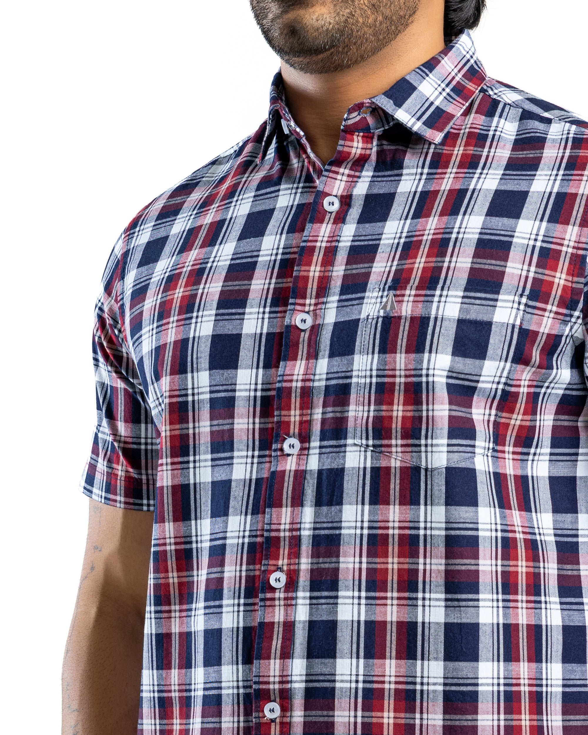 100% COTTON CHECK Short Sleeve Shirt- Maroon