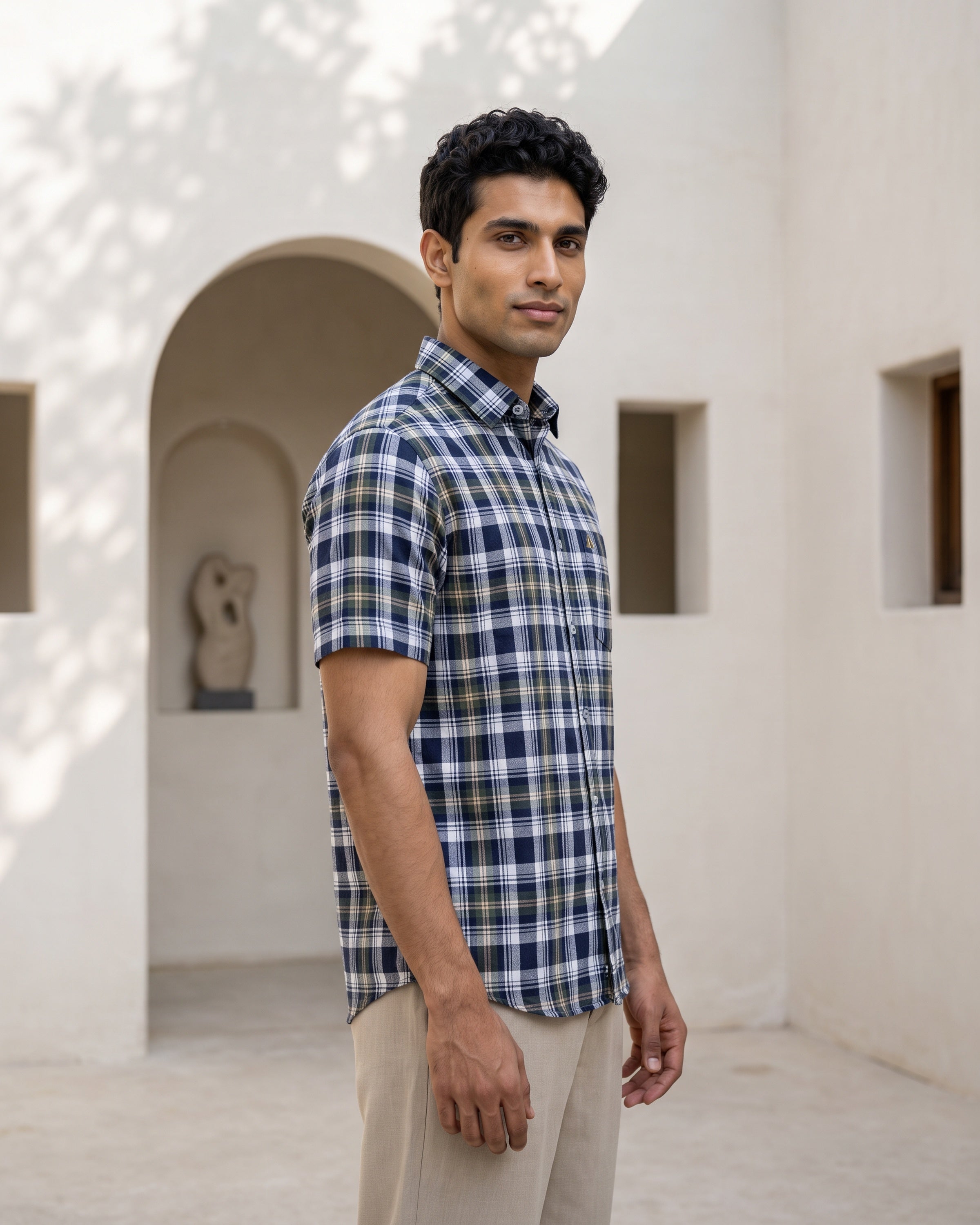 AnationZ Essential Cotton Check Short Sleeve Shirt - Olive Ground Sri Lanka
