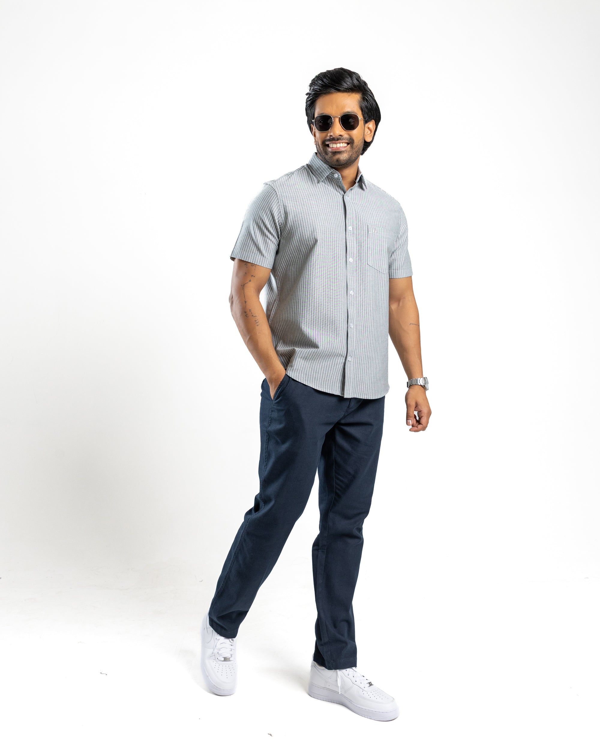 100% COTTON STRIPE Short Sleeve Shirt- Midnight Black