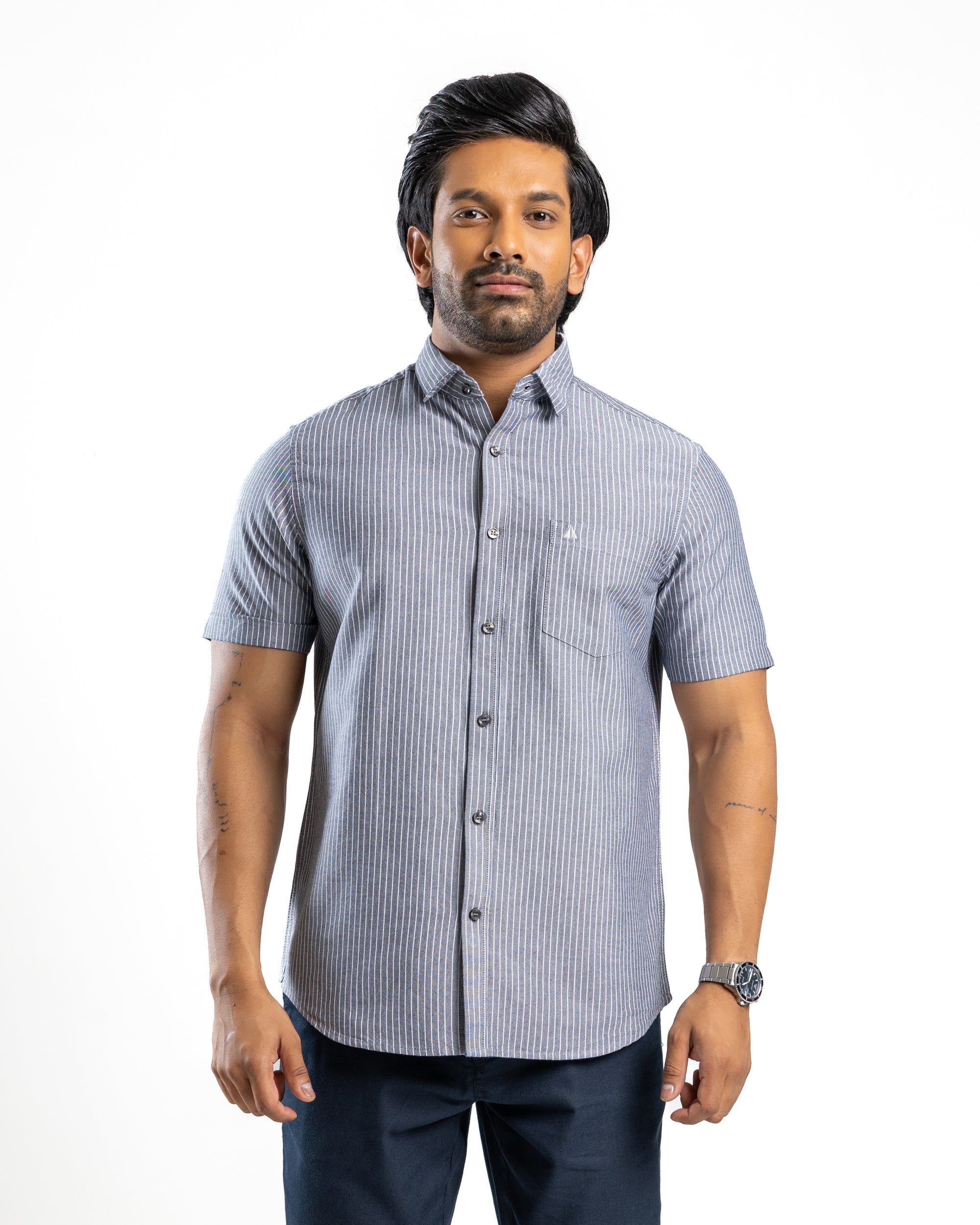100% COTTON STRIPE Short Sleeve Shirt- Midnight Black