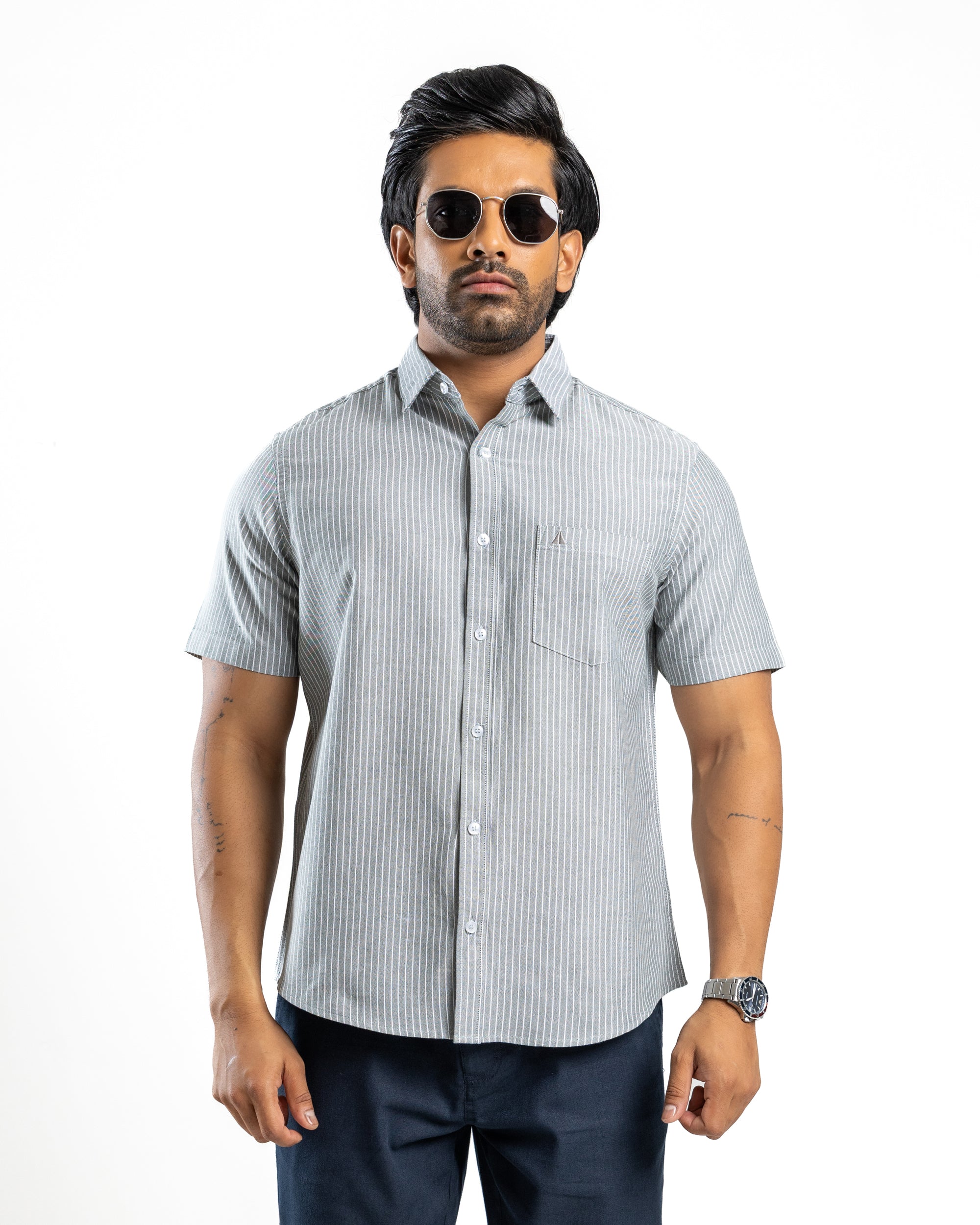 100% COTTON STRIPE Short Sleeve Shirt -Forest Pine