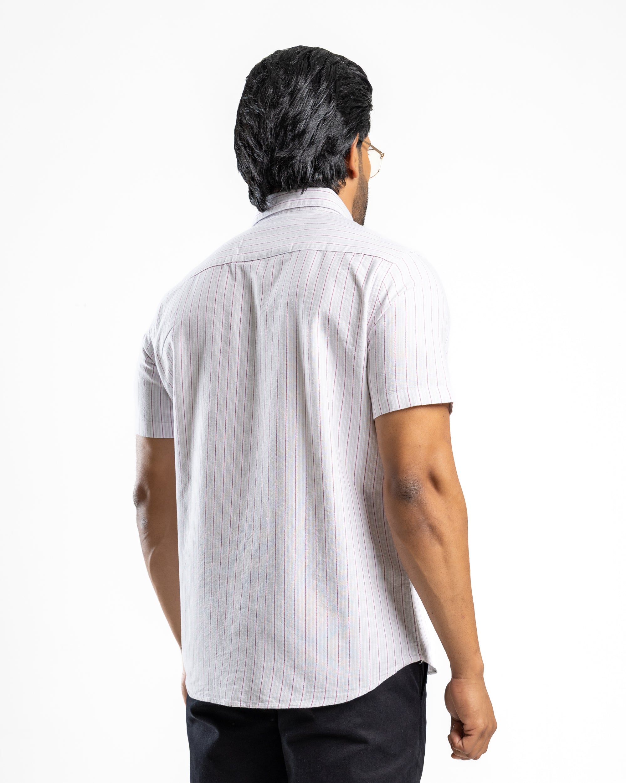 Cotton Blend Stripe Short Sleeve Shirt | Warm Tobacco
