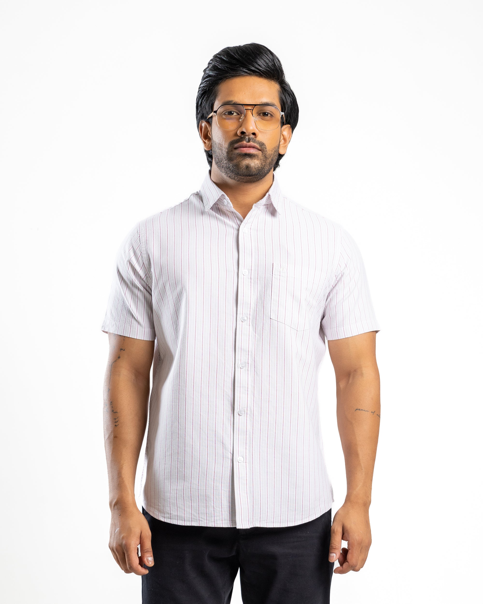 Cotton Blend Stripe Short Sleeve Shirt | Warm Tobacco
