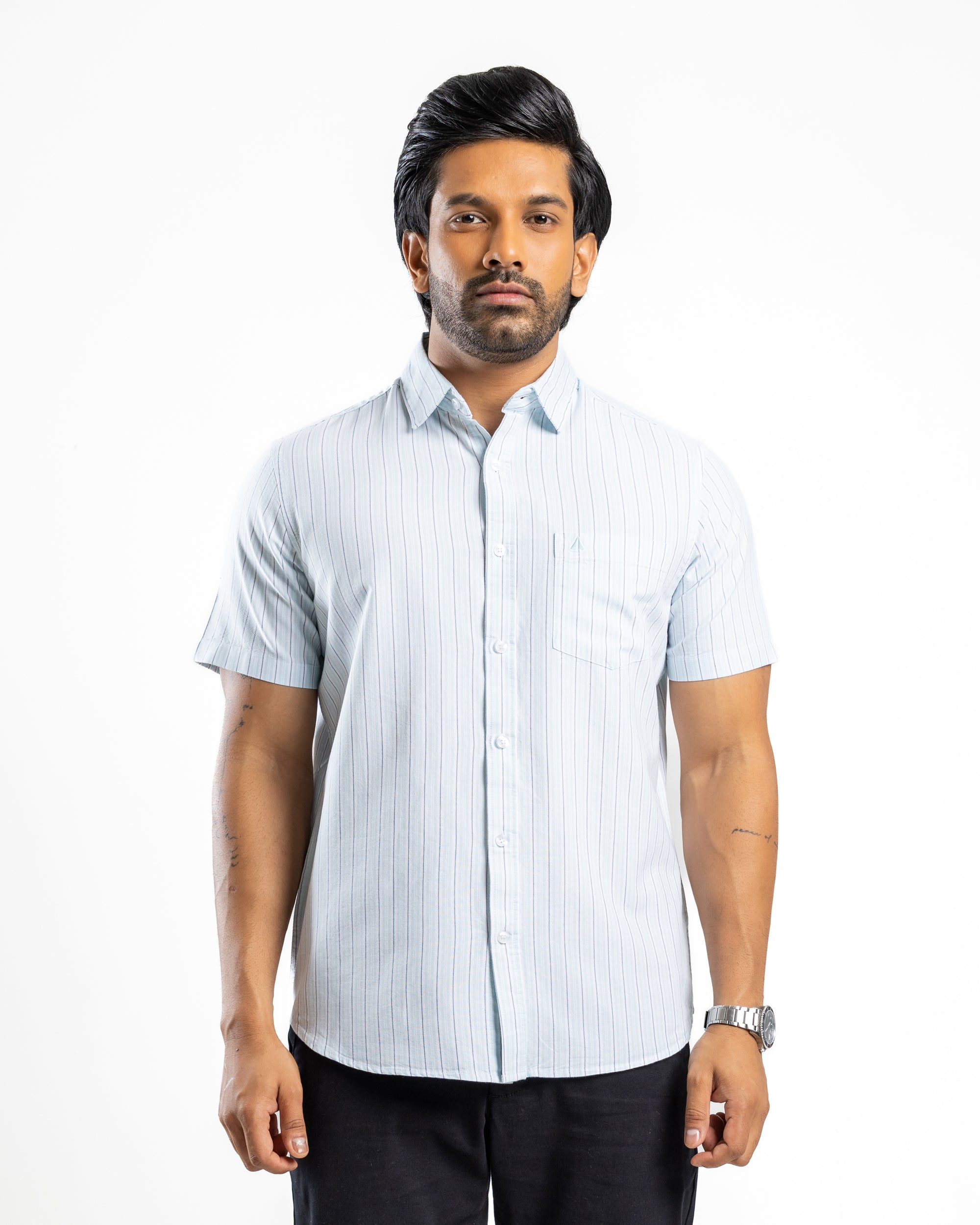 100% COTTON STRIPE Short Sleeve Shirt- Sky Blue