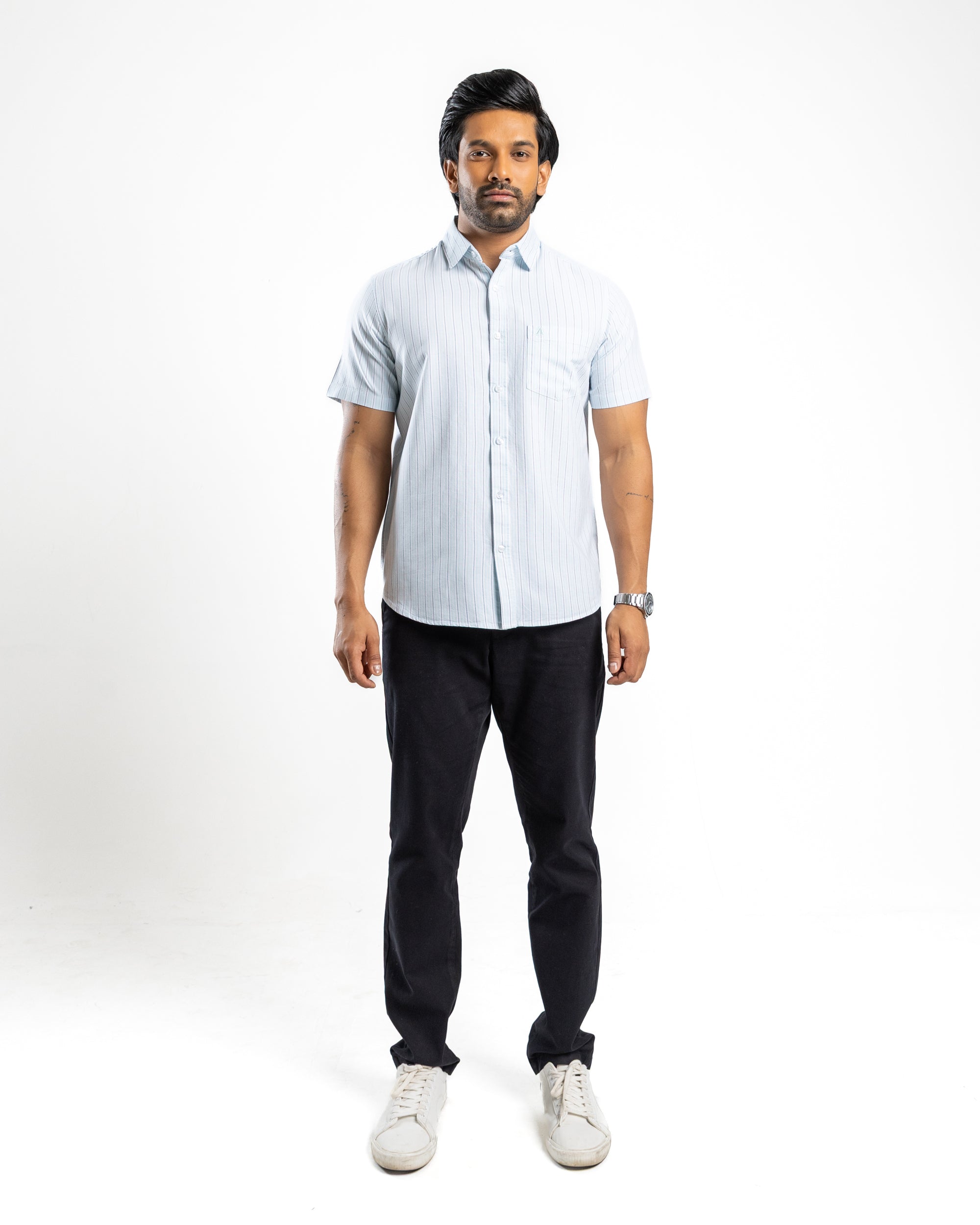 100% COTTON STRIPE Short Sleeve Shirt- Sky Blue