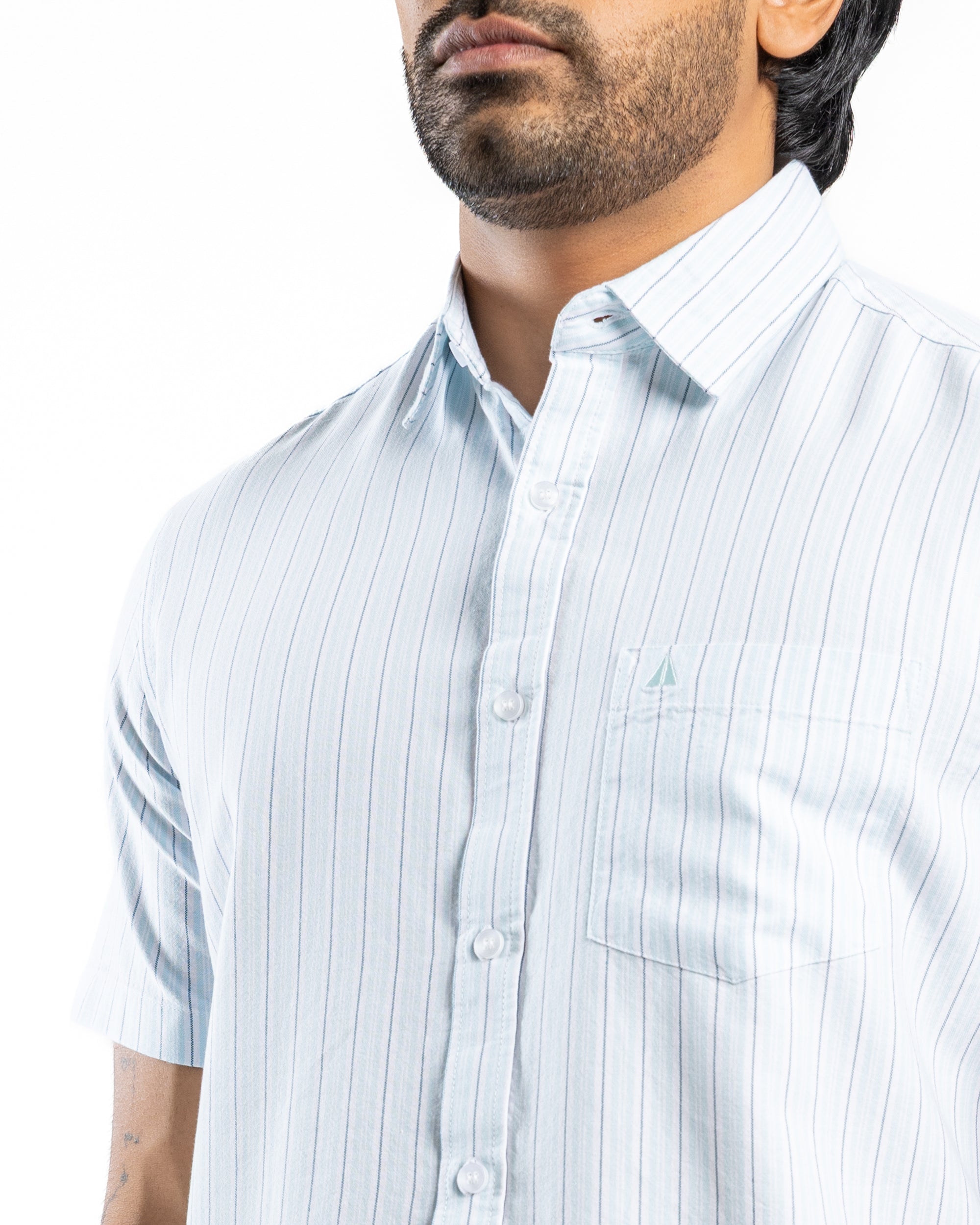 100% COTTON STRIPE Short Sleeve Shirt- Sky Blue