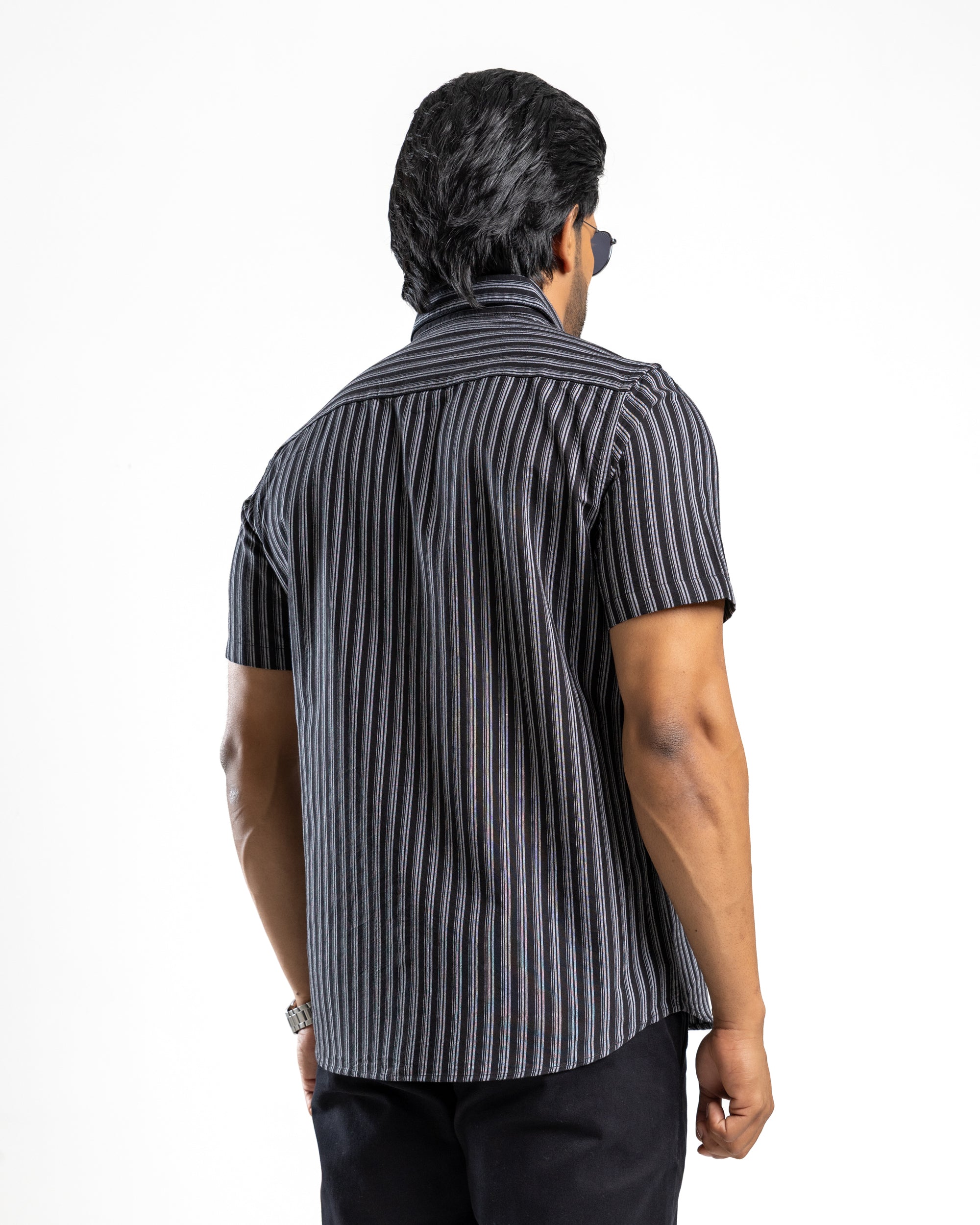 AnationZ Essential Cotton Stripe Short Sleeve Shirt - Midnight Onyx Sri Lanka
