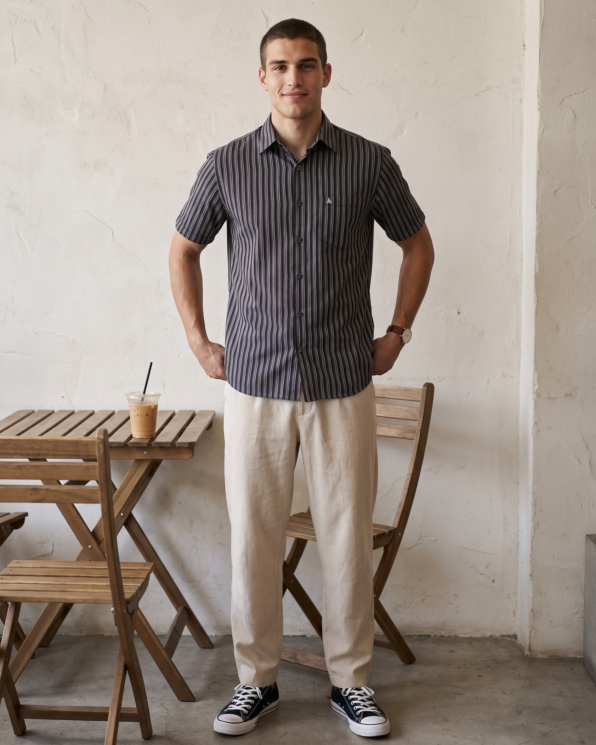 AnationZ Essential Cotton Stripe Short Sleeve Shirt - Midnight Onyx Sri Lanka