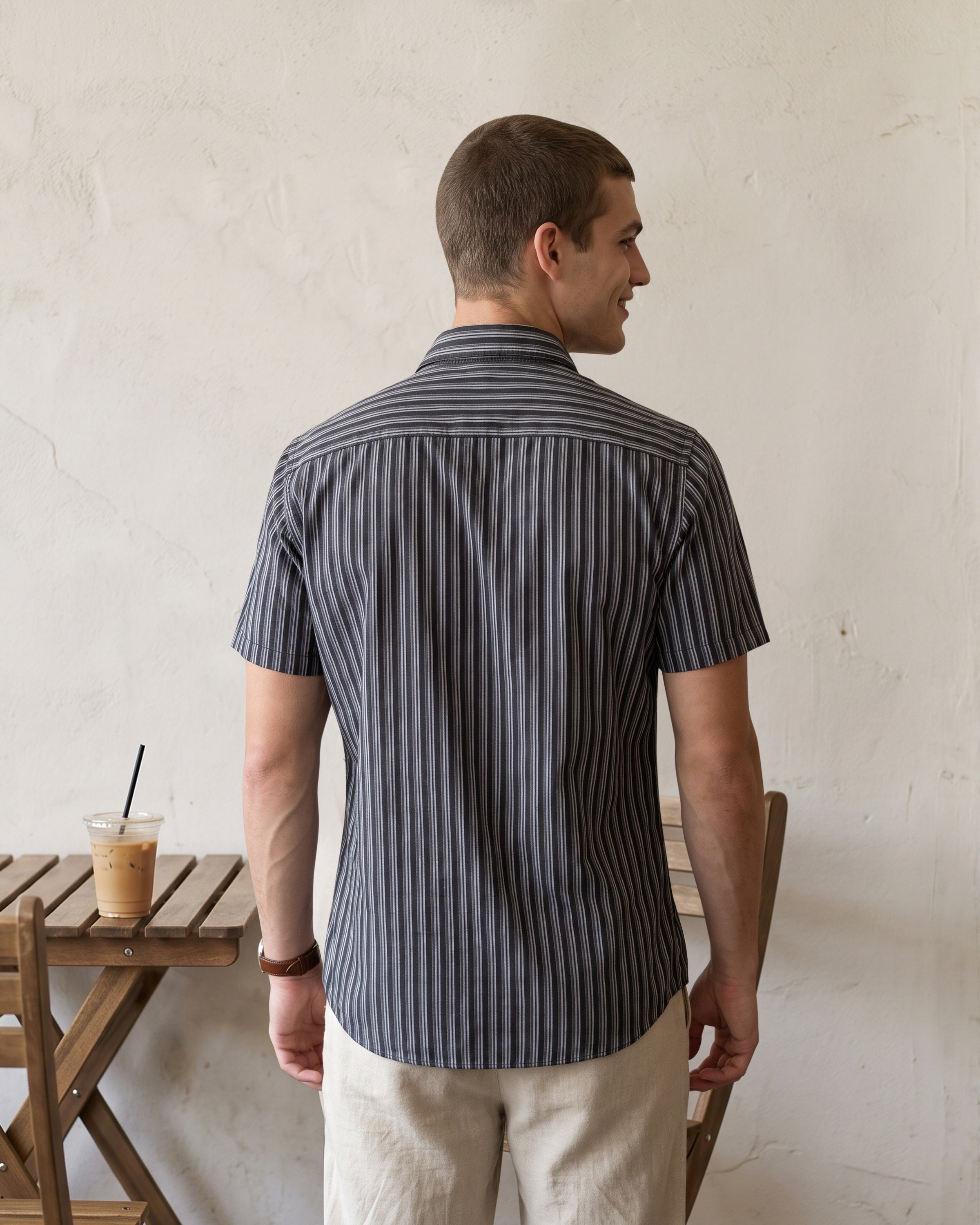 AnationZ Essential Cotton Stripe Short Sleeve Shirt - Midnight Onyx Sri Lanka