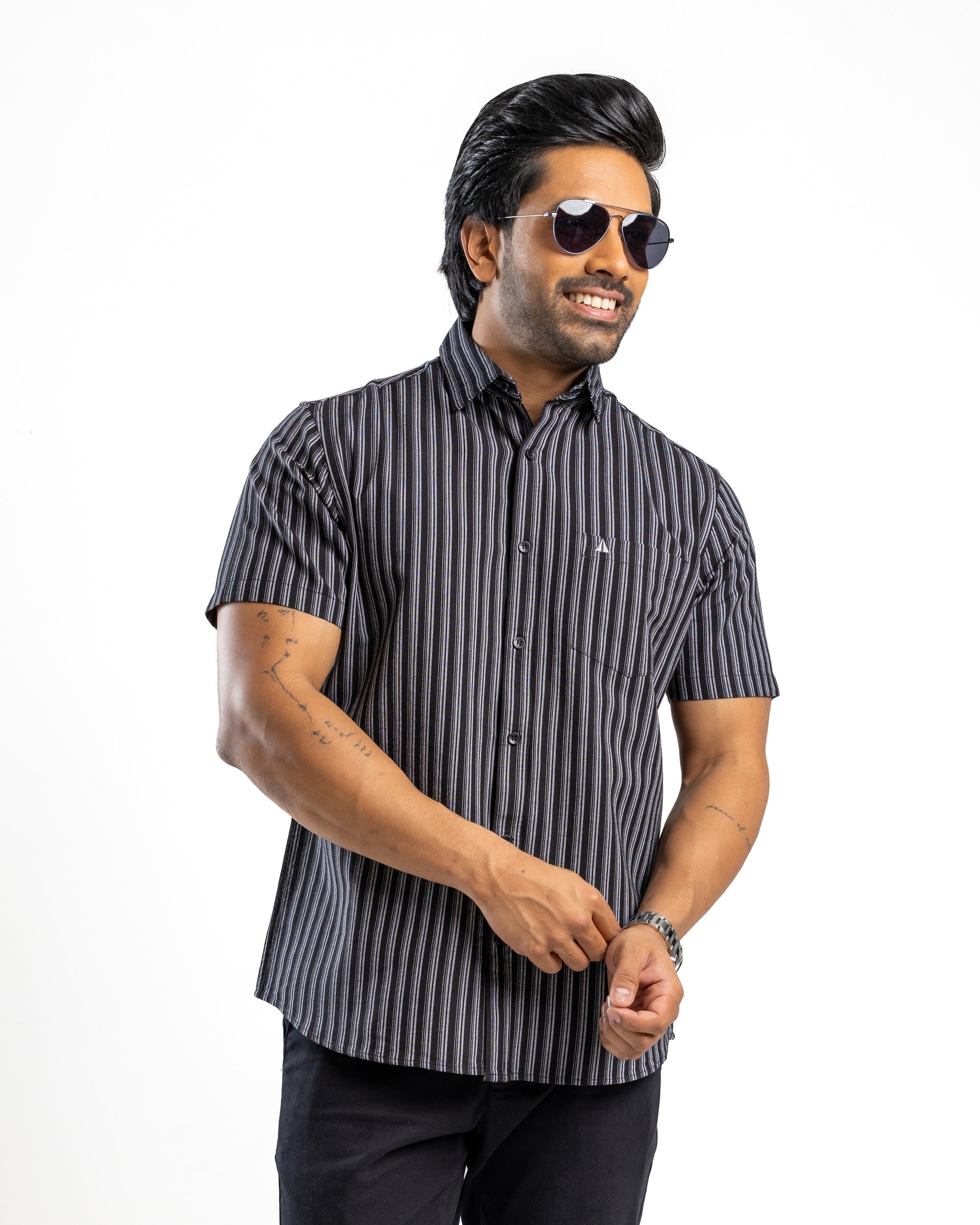 AnationZ Essential Cotton Stripe Short Sleeve Shirt - Midnight Onyx Sri Lanka
