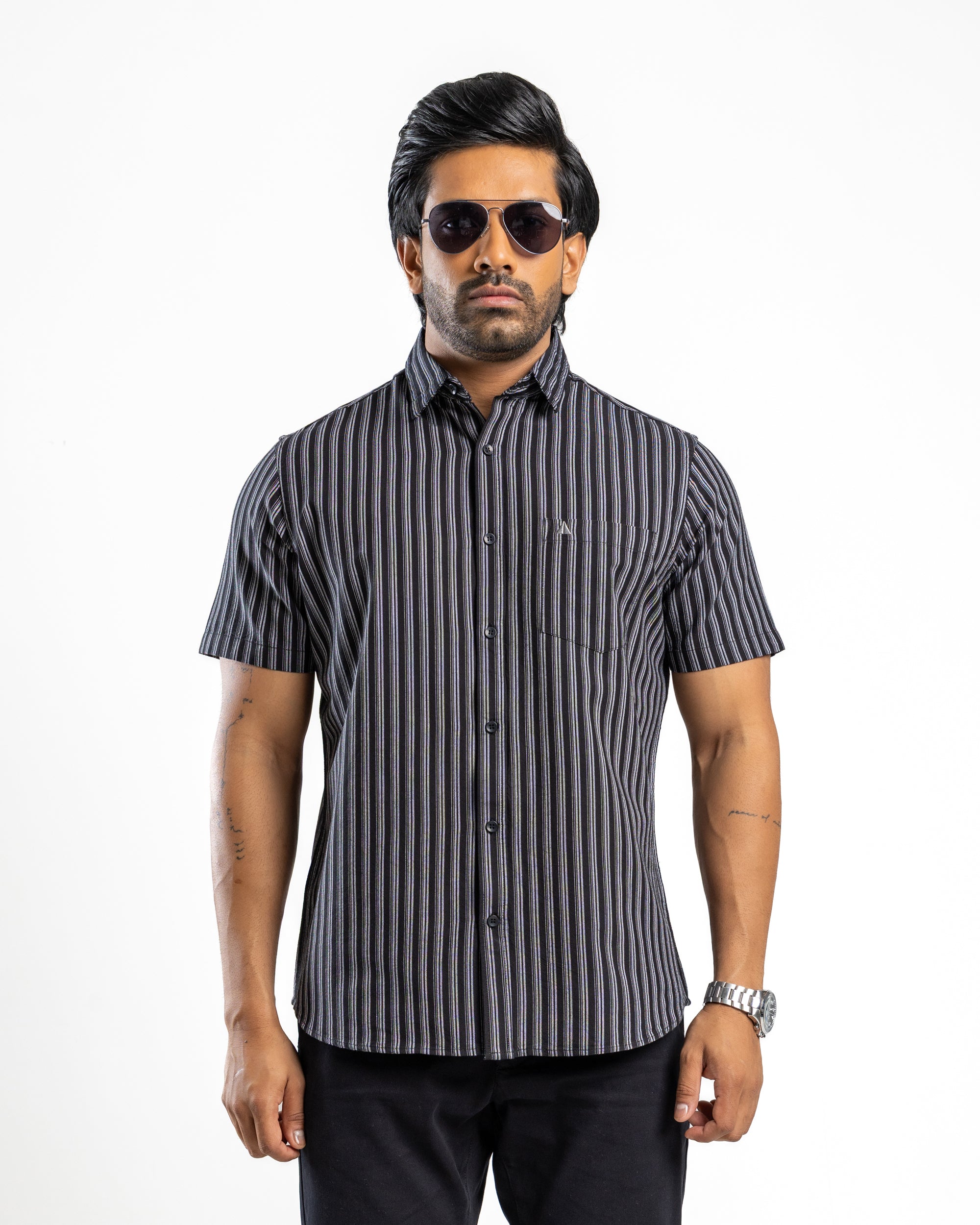 AnationZ Essential Cotton Stripe Short Sleeve Shirt - Midnight Onyx Sri Lanka
