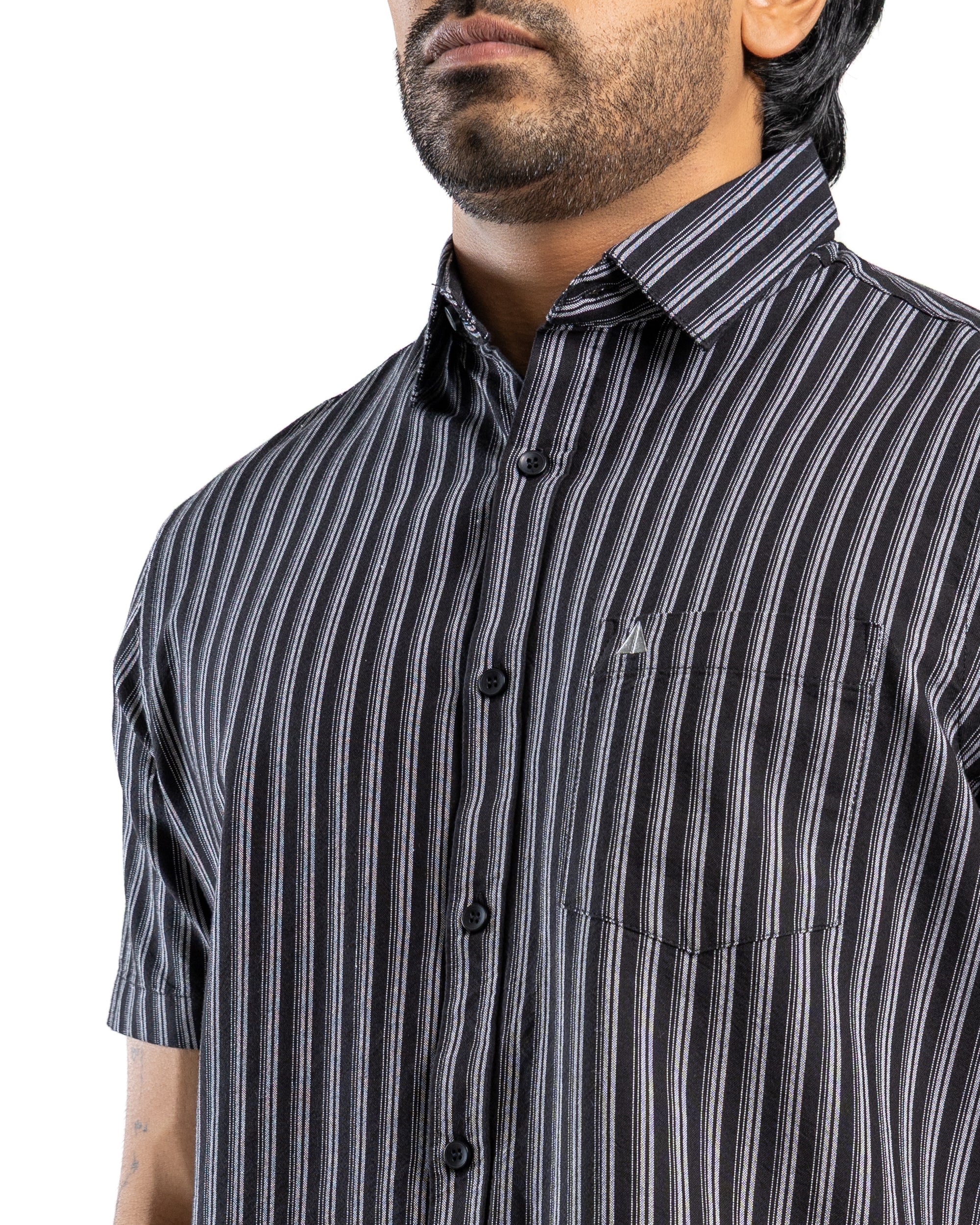 AnationZ Essential Cotton Stripe Short Sleeve Shirt - Midnight Onyx Sri Lanka
