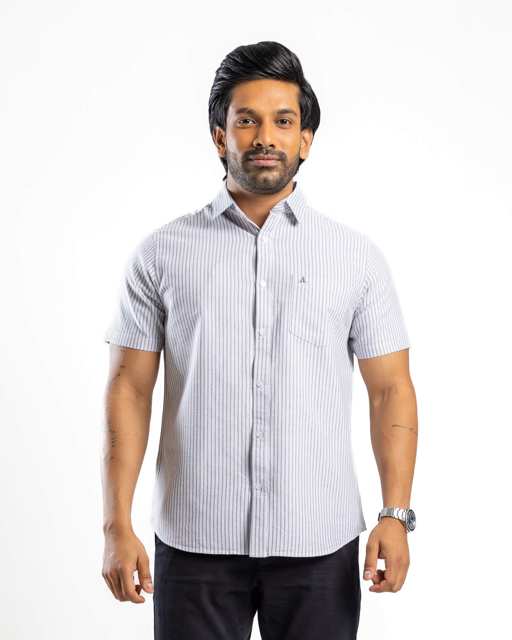 AnationZ Essential Cotton Stripe Short Sleeve Shirt - Storm Dust Sri Lanka

