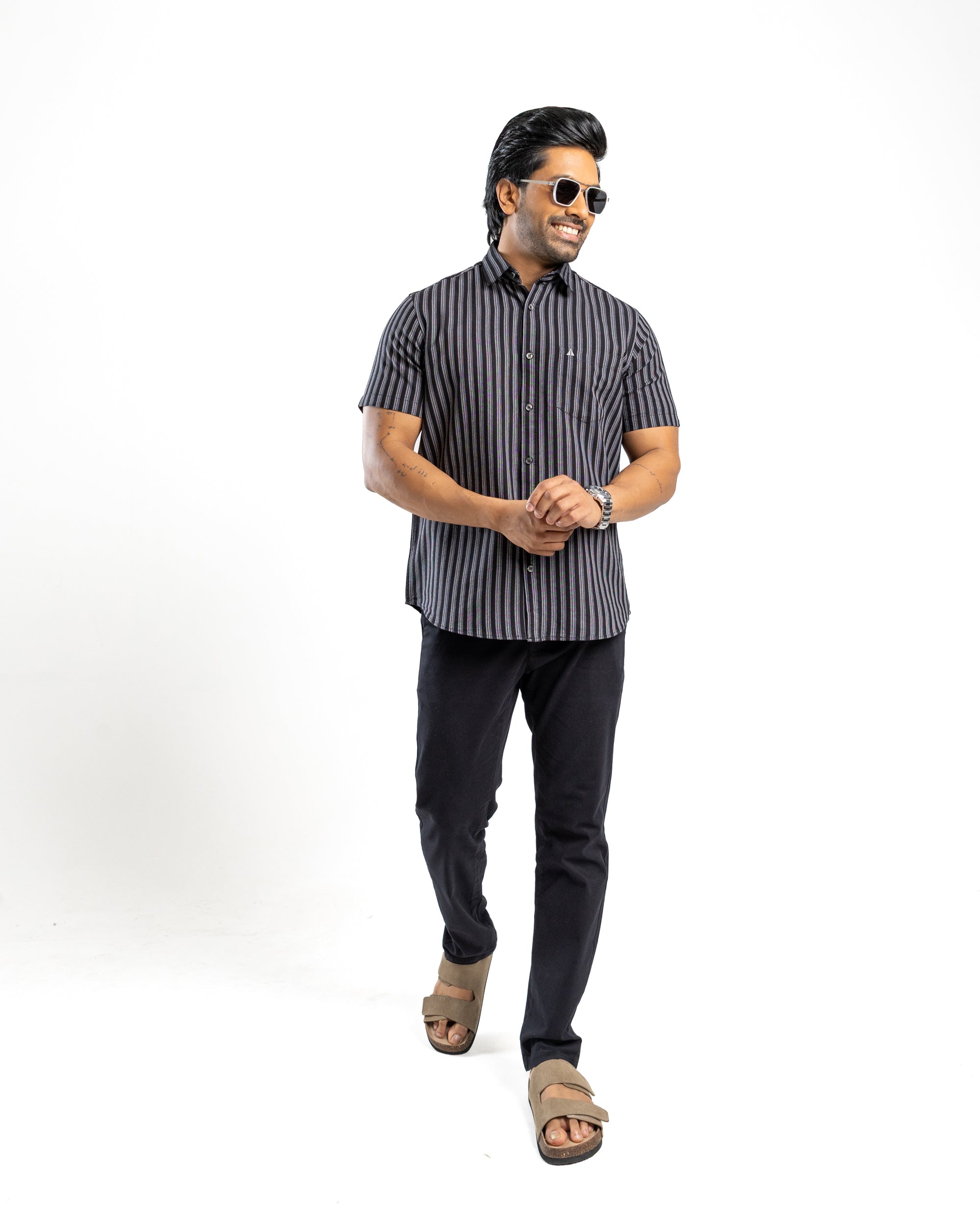 100% COTTON STRIPE Short Sleeve Shirt - Light Grey